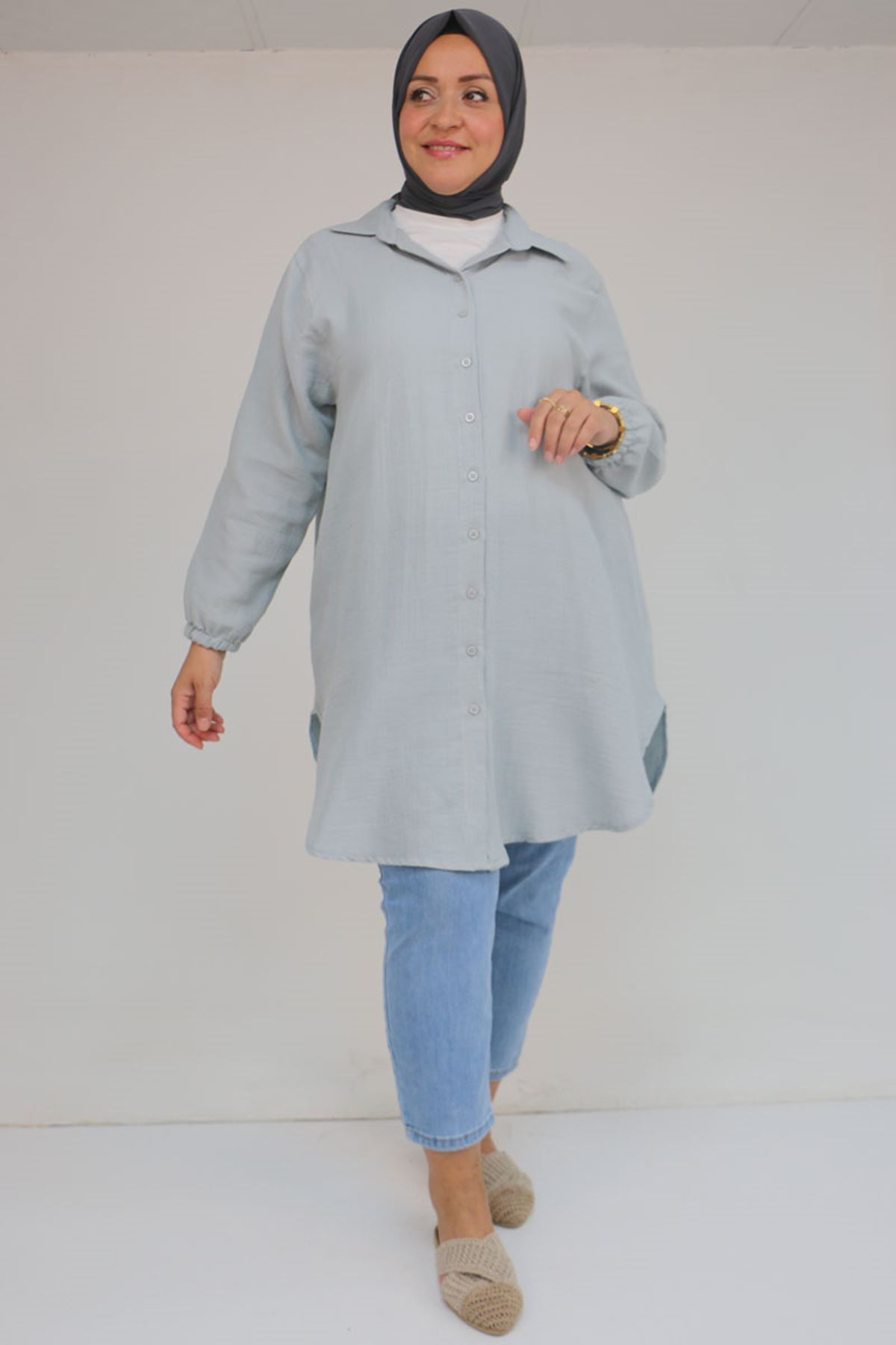 58091 Büyük Beden Kolları Lastikli Müslin Gömlek - Gri