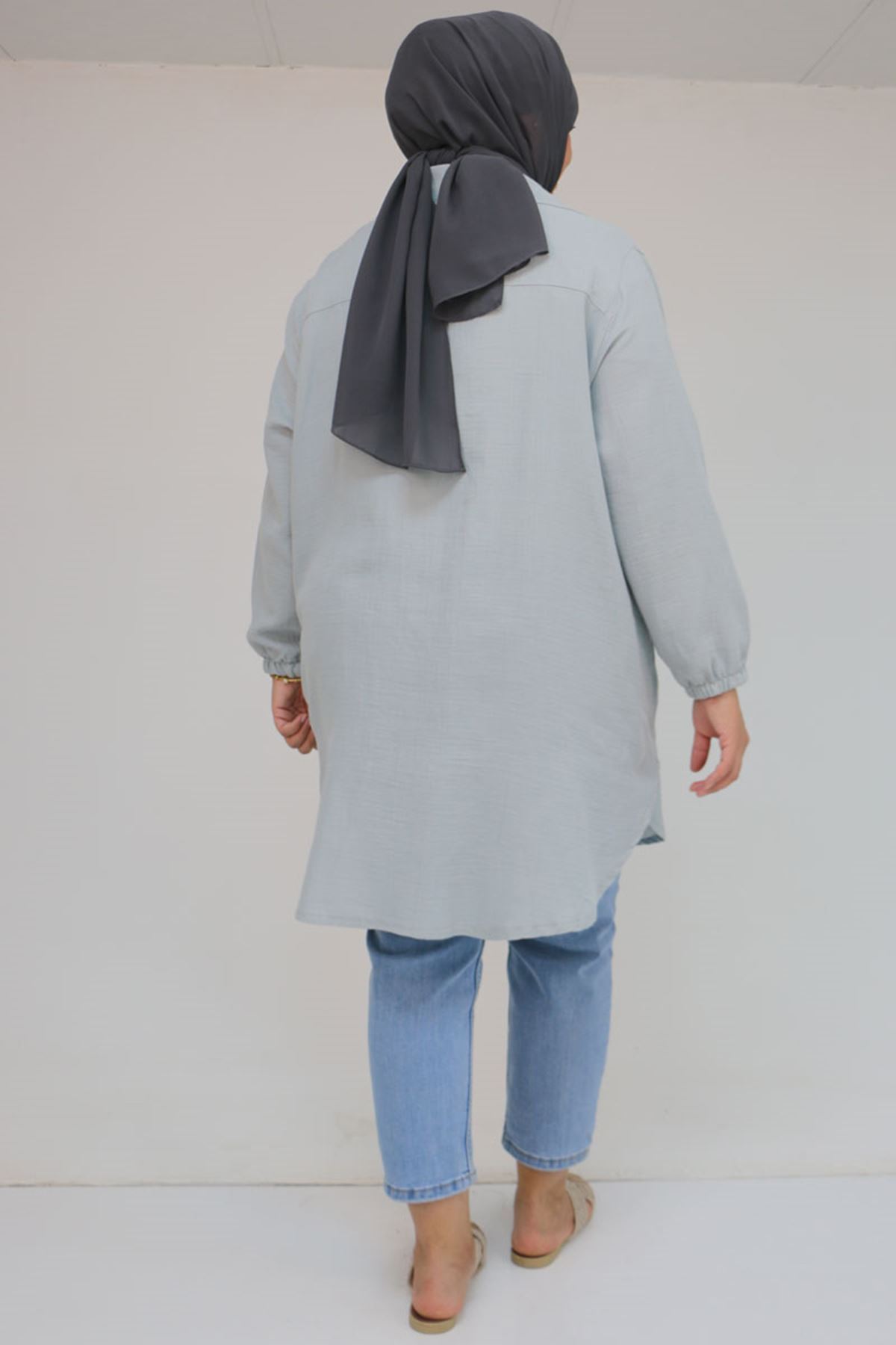 58091 Büyük Beden Kolları Lastikli Müslin Gömlek - Gri