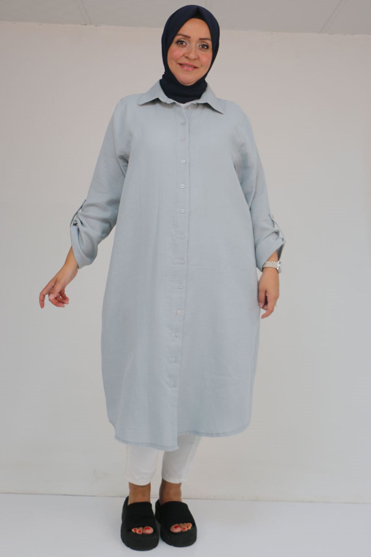 48058 Büyük Beden Düğmeli Müslin Gömlek - Gri