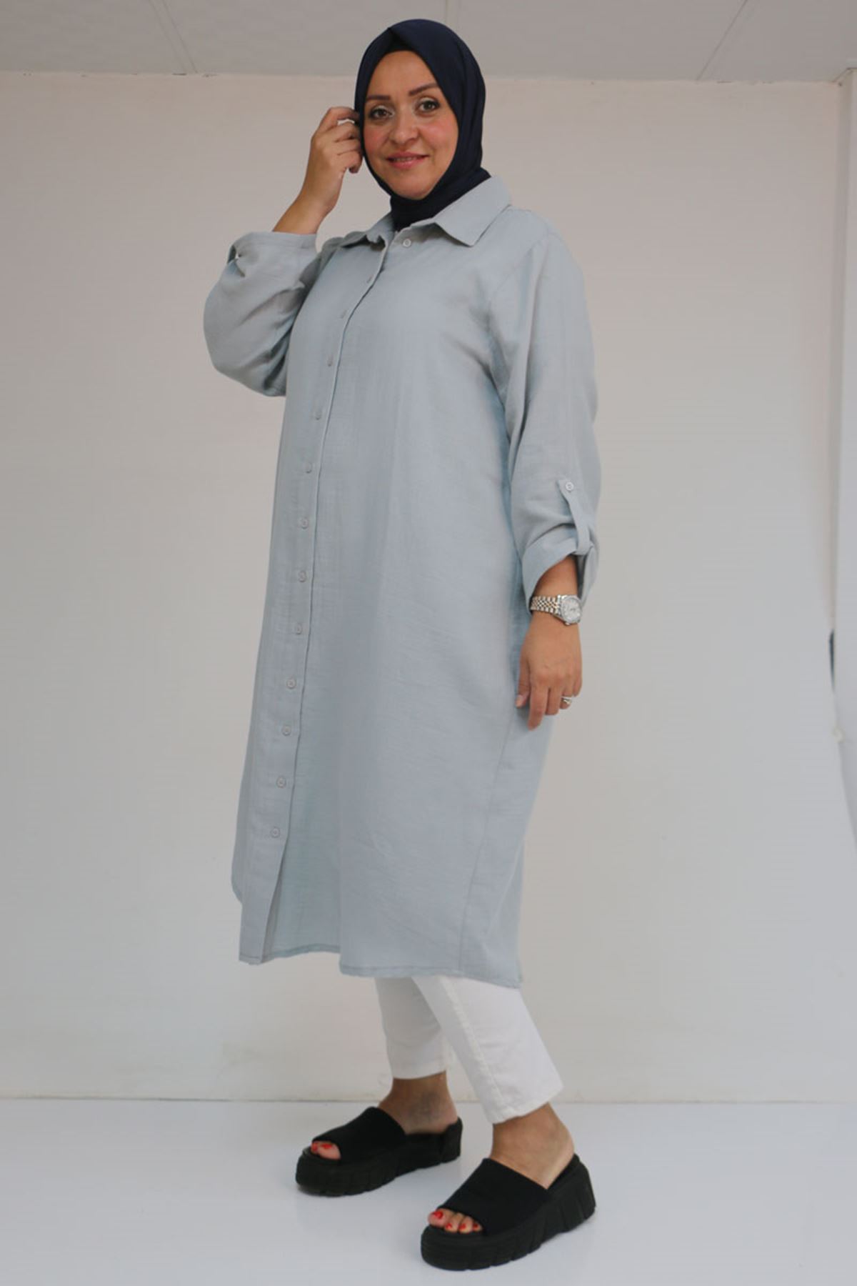 48058 Büyük Beden Düğmeli Müslin Gömlek - Gri