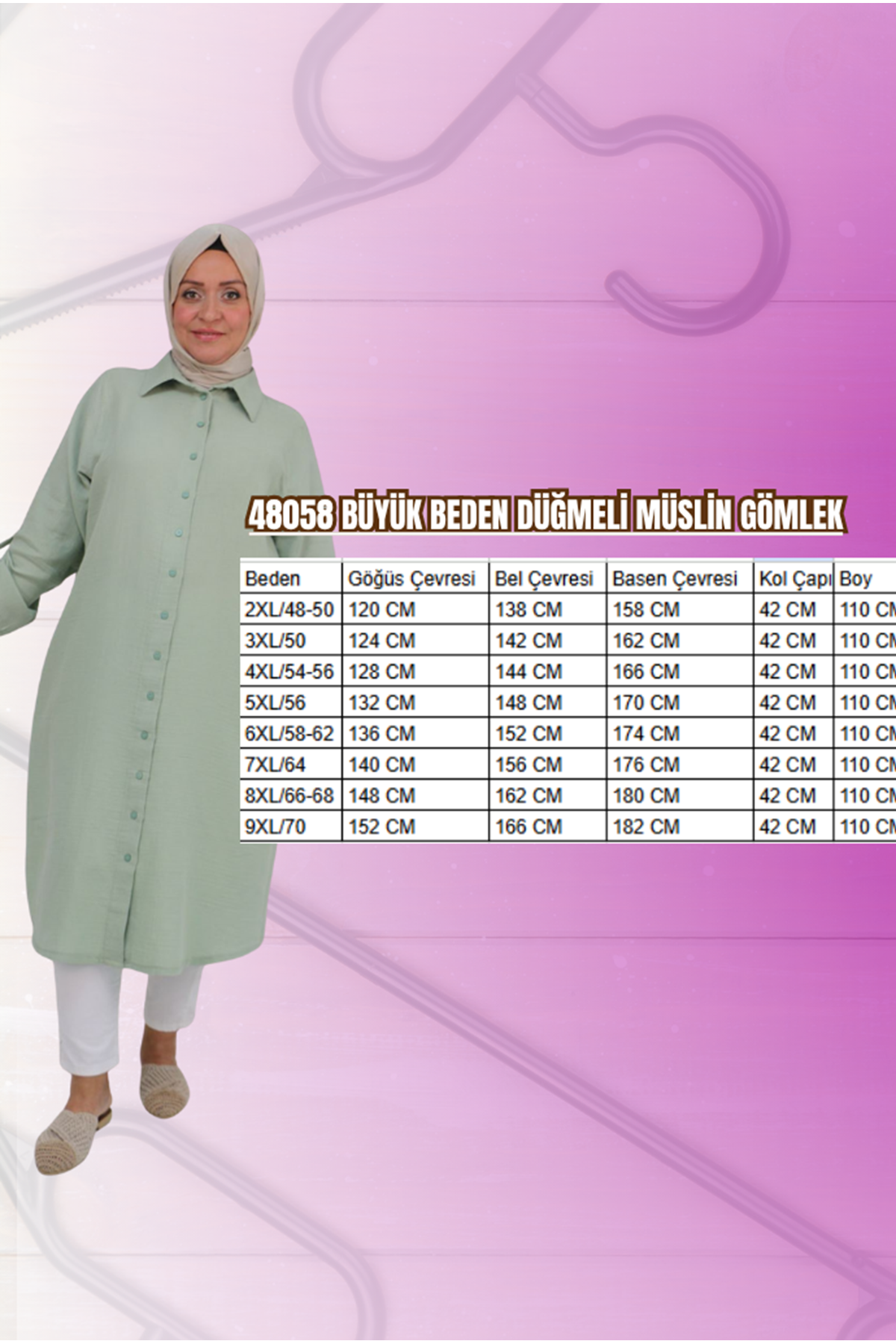 48058 Büyük Beden Düğmeli Müslin Gömlek - Gri