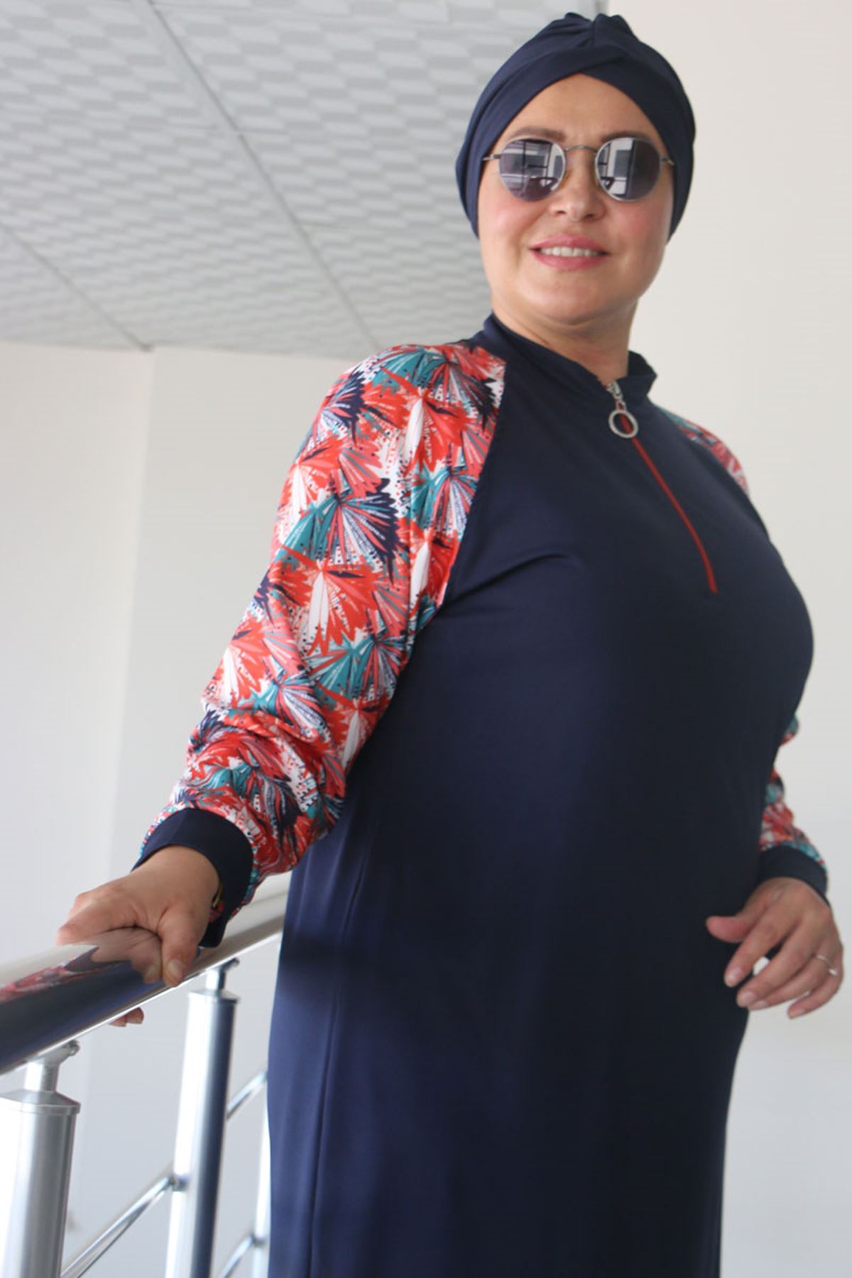 1732 Büyük Beden Balıkçı Yaka Fermuarlı Mayo - Yaprak Desen Oranj