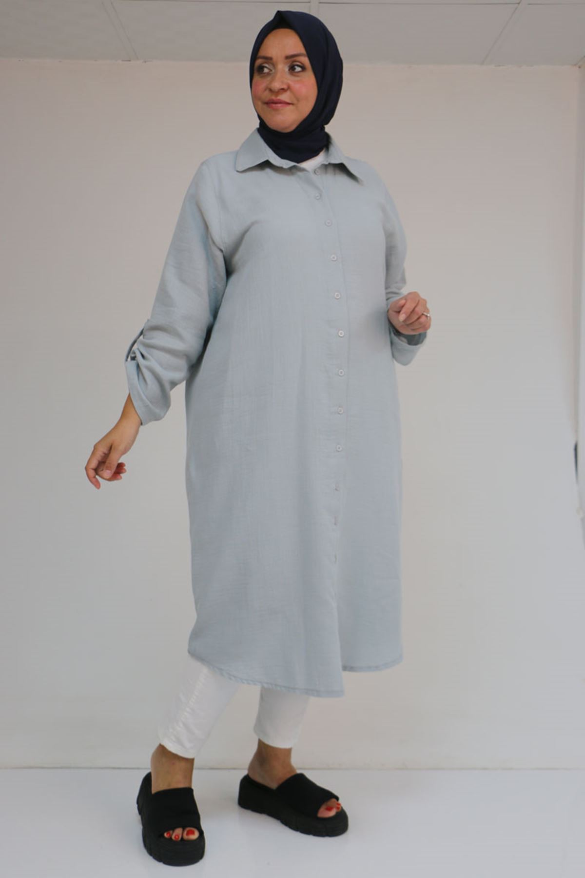 48058 Büyük Beden Düğmeli Müslin Gömlek - Gri