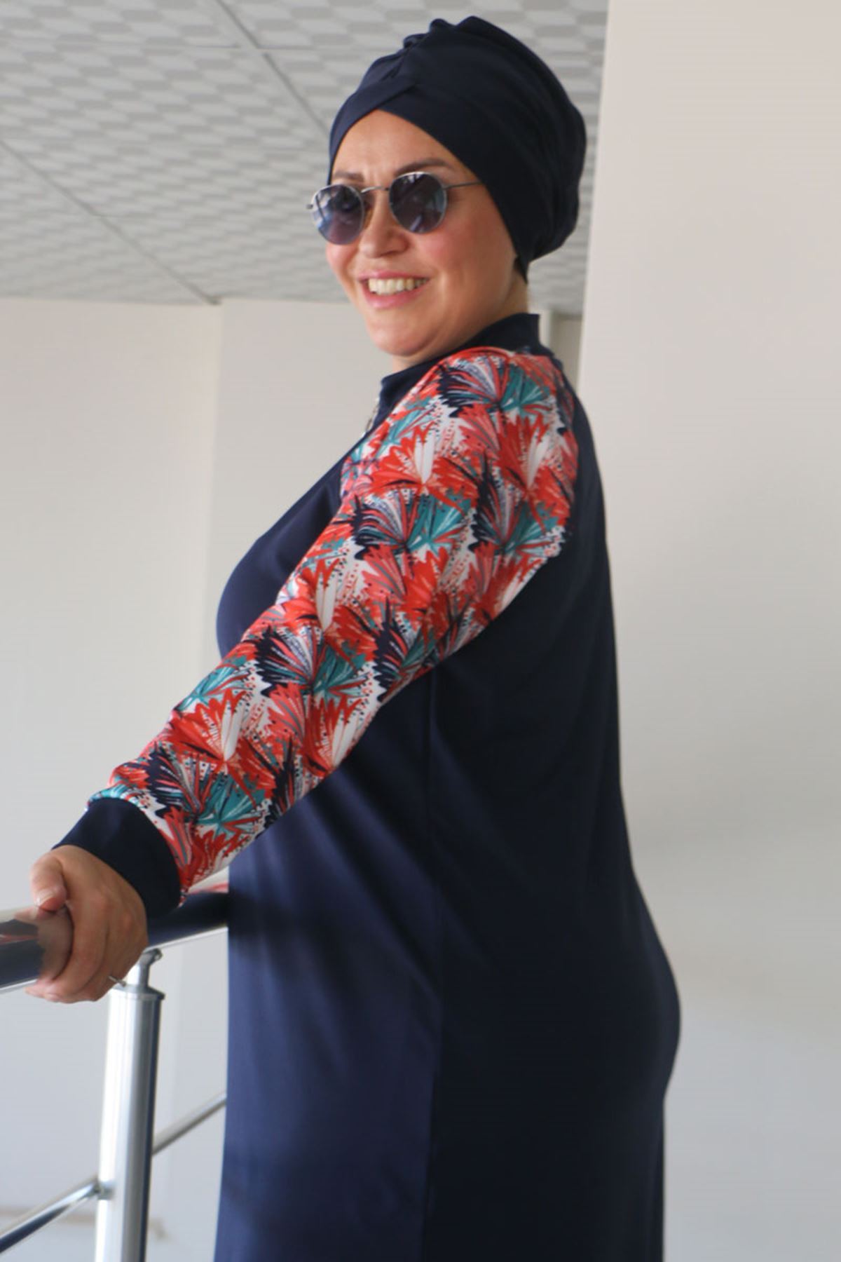 1732 Büyük Beden Balıkçı Yaka Fermuarlı Mayo - Yaprak Desen Oranj