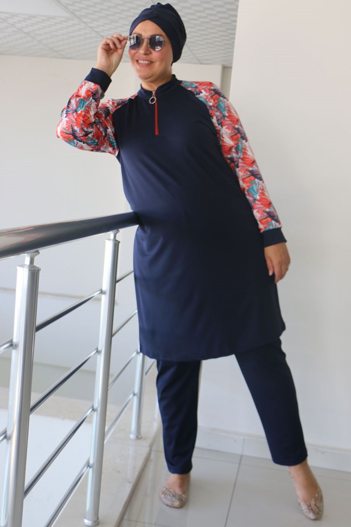 1732 Büyük Beden Balıkçı Yaka Fermuarlı Mayo - Yaprak Desen Oranj