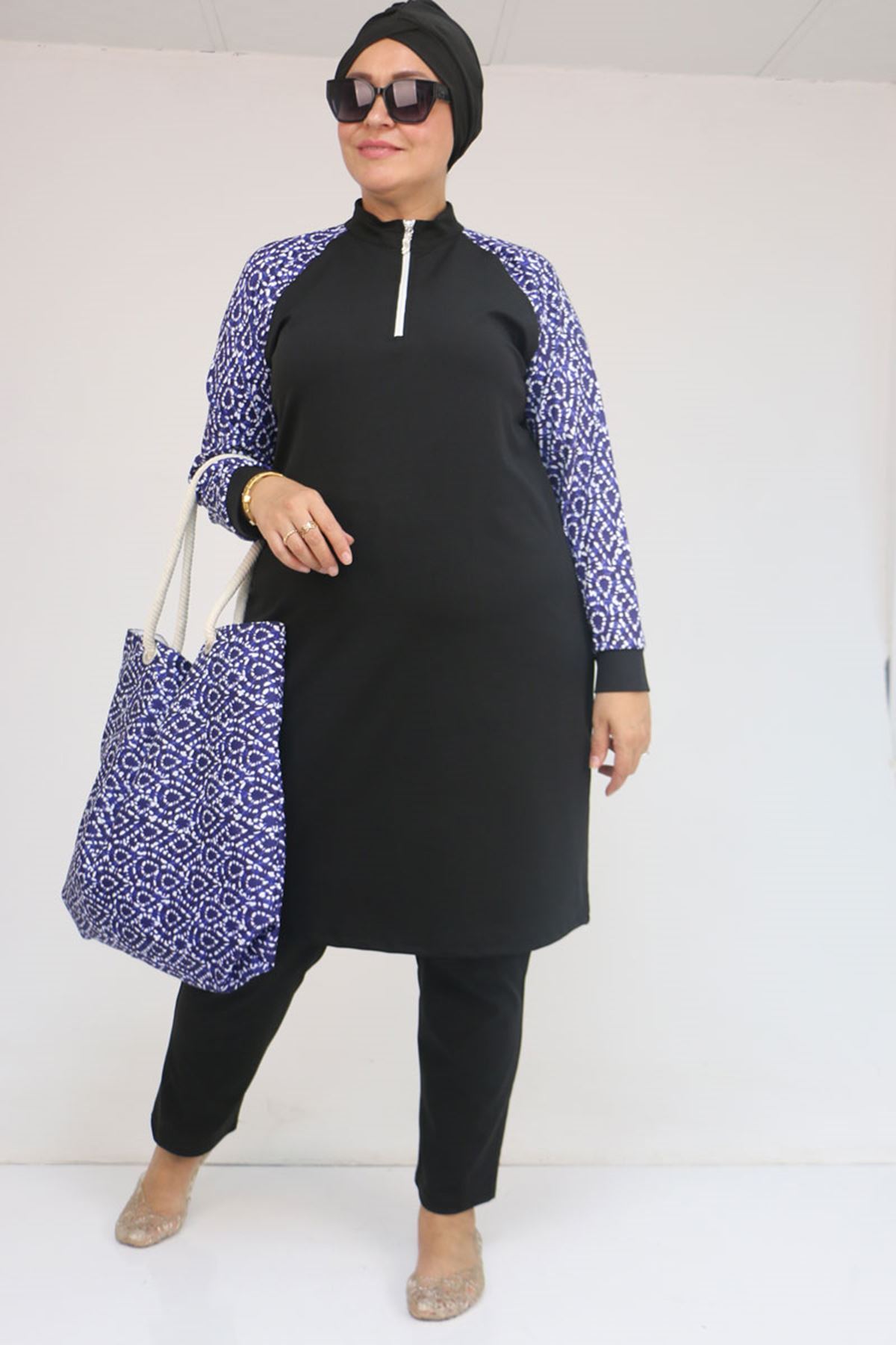 1732 Büyük Beden Balıkçı Yaka Fermuarlı Mayo - Damla Desen Saks