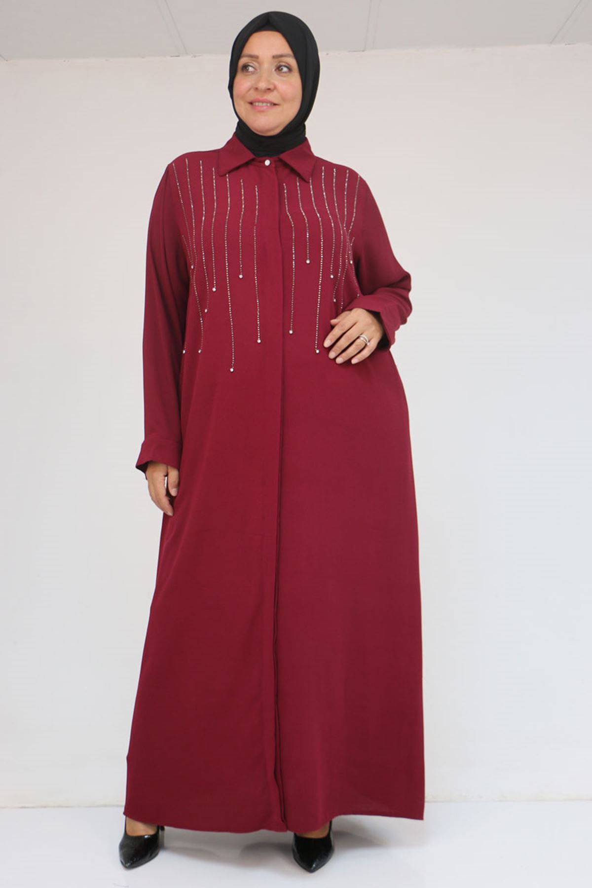 56018 Büyük Beden Taş Baskı Detaylı  Krep Ferace - Bordo
