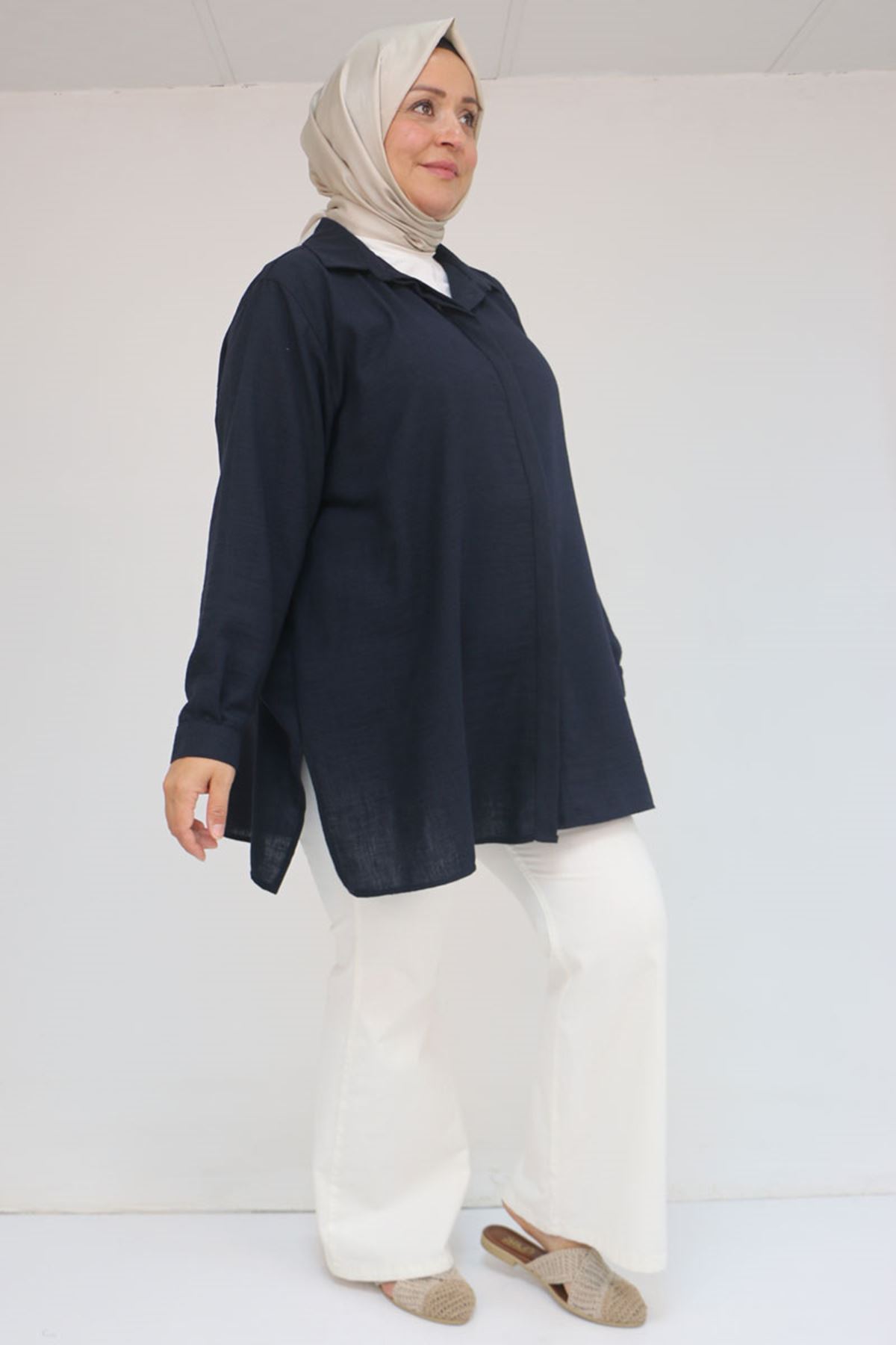 58096 Büyük Beden Erkek Yaka Düğmeli Tunik - Siyah