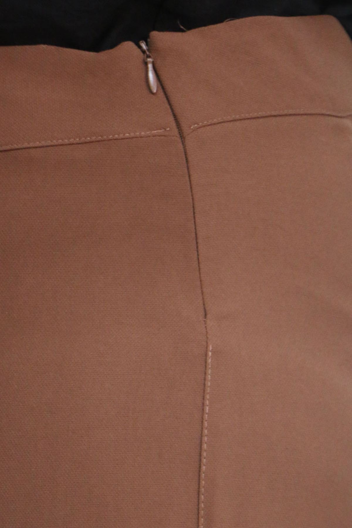 59011 Büyük Beden Pervaz Kemerli Yandan Fermuarlı Krep Pantolon - Kahve