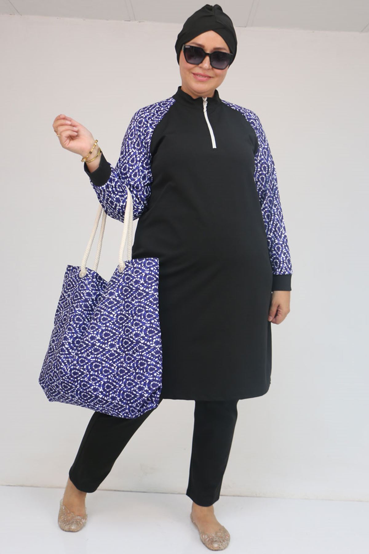 1732 Büyük Beden Balıkçı Yaka Fermuarlı Mayo - Damla Desen Saks