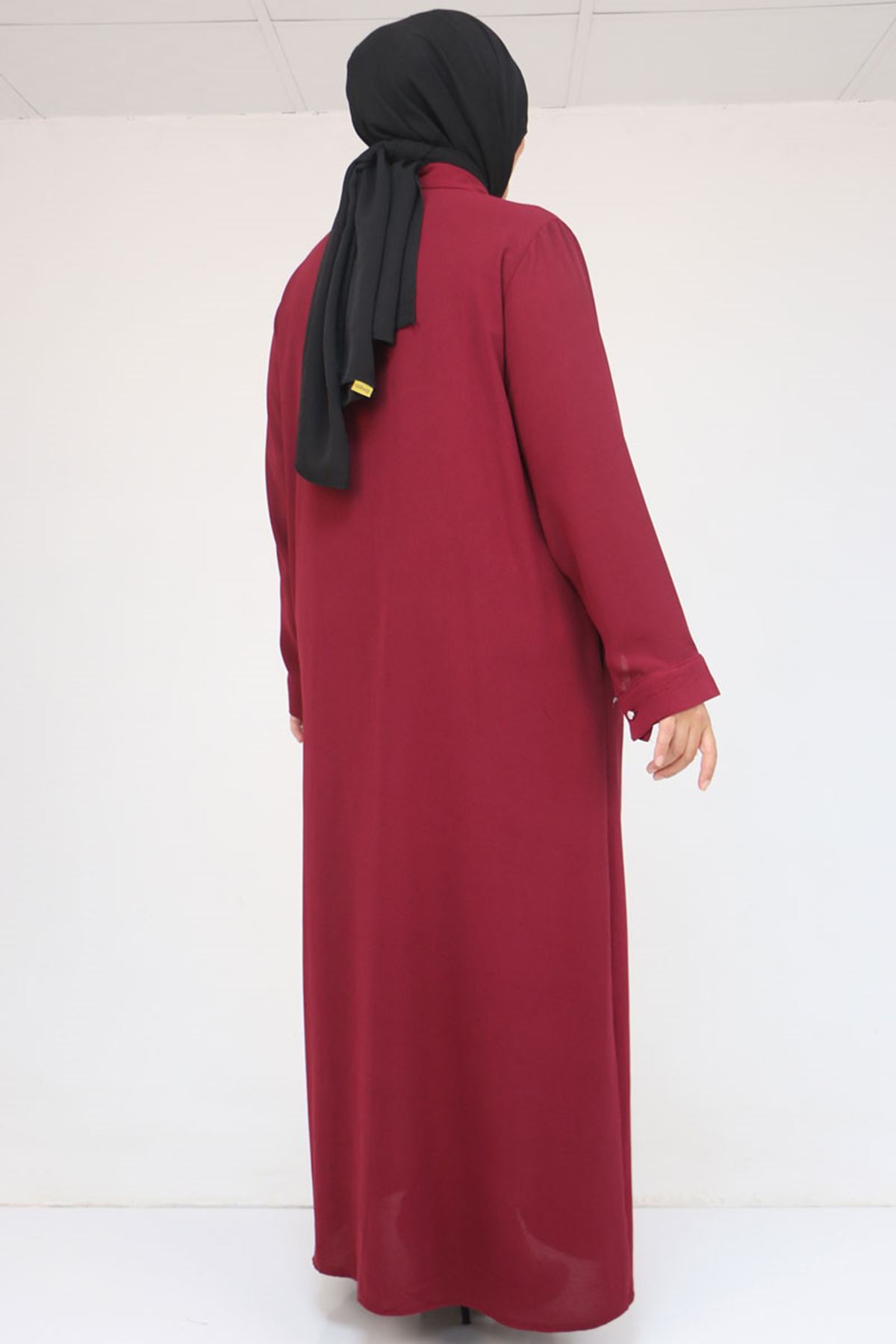 56018 Büyük Beden Taş Baskı Detaylı  Krep Ferace - Bordo