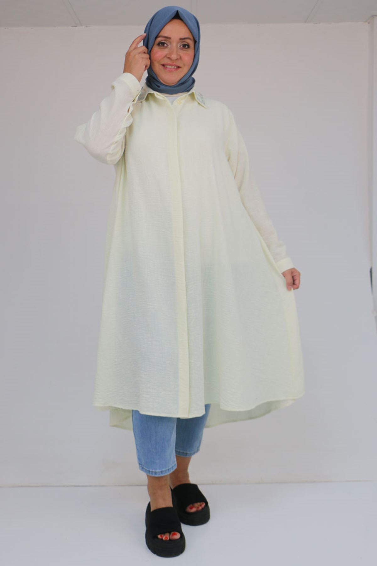 58102 Büyük Beden Taş Baskı Detaylı Keten Mevlana Tunik - Ekru