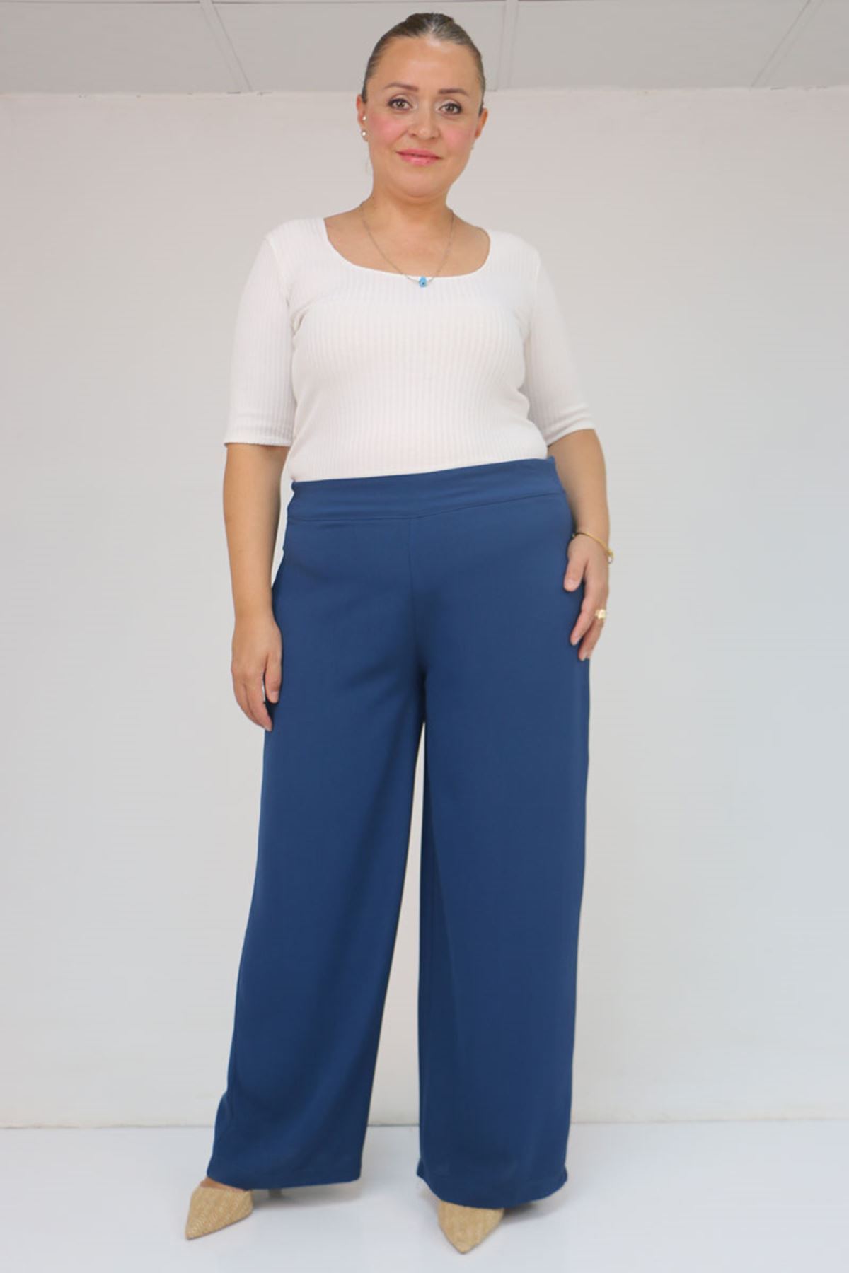 59011 Büyük Beden Pervaz Kemerli Yandan Fermuarlı Krep Pantolon - İndigo