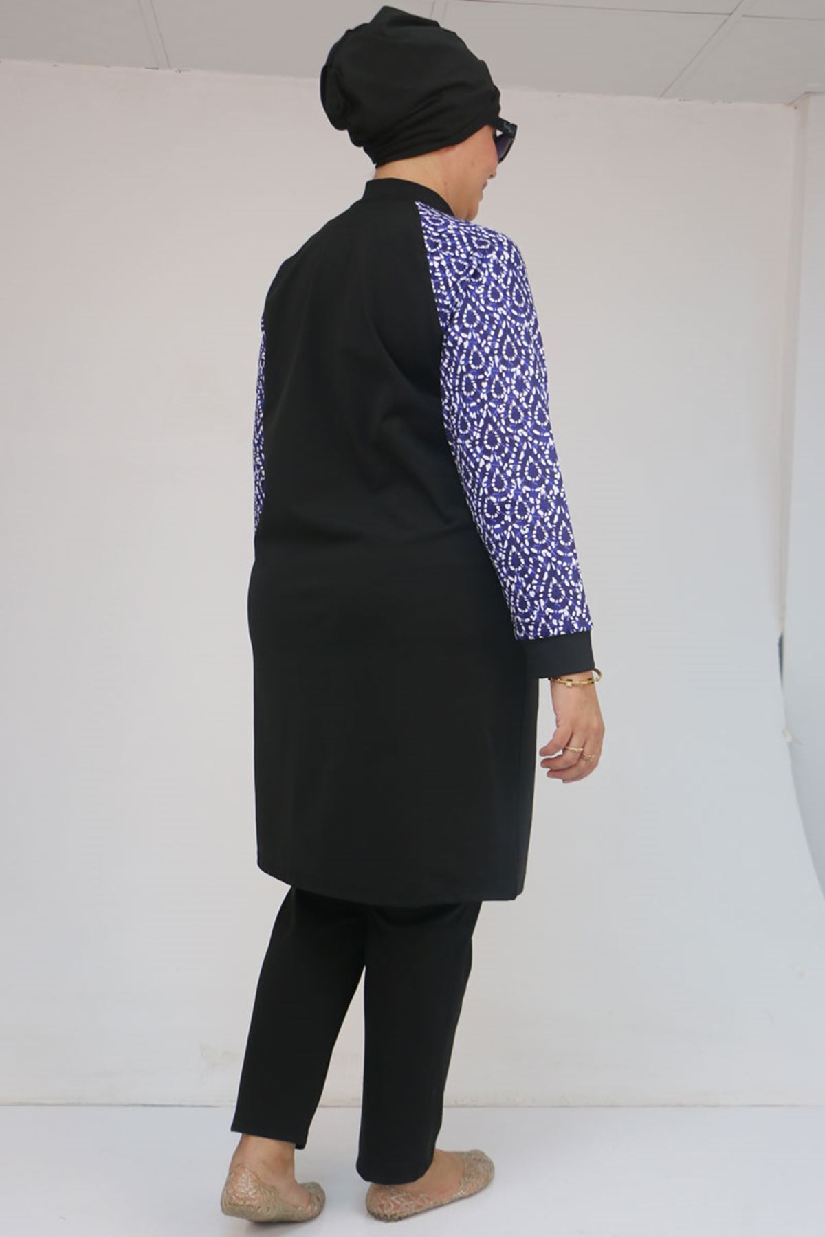 1732 Büyük Beden Balıkçı Yaka Fermuarlı Mayo - Damla Desen Saks