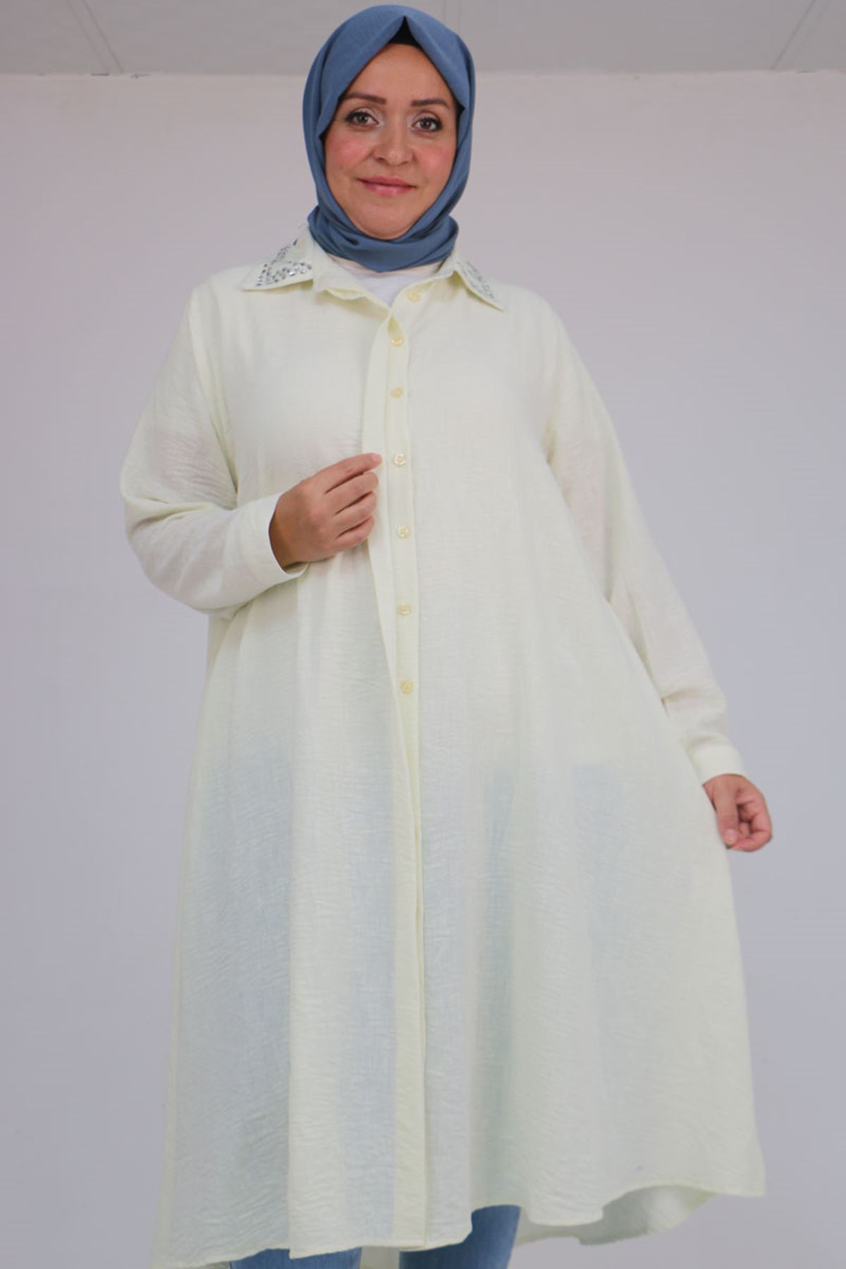 58102 Büyük Beden Taş Baskı Detaylı Keten Mevlana Tunik - Ekru