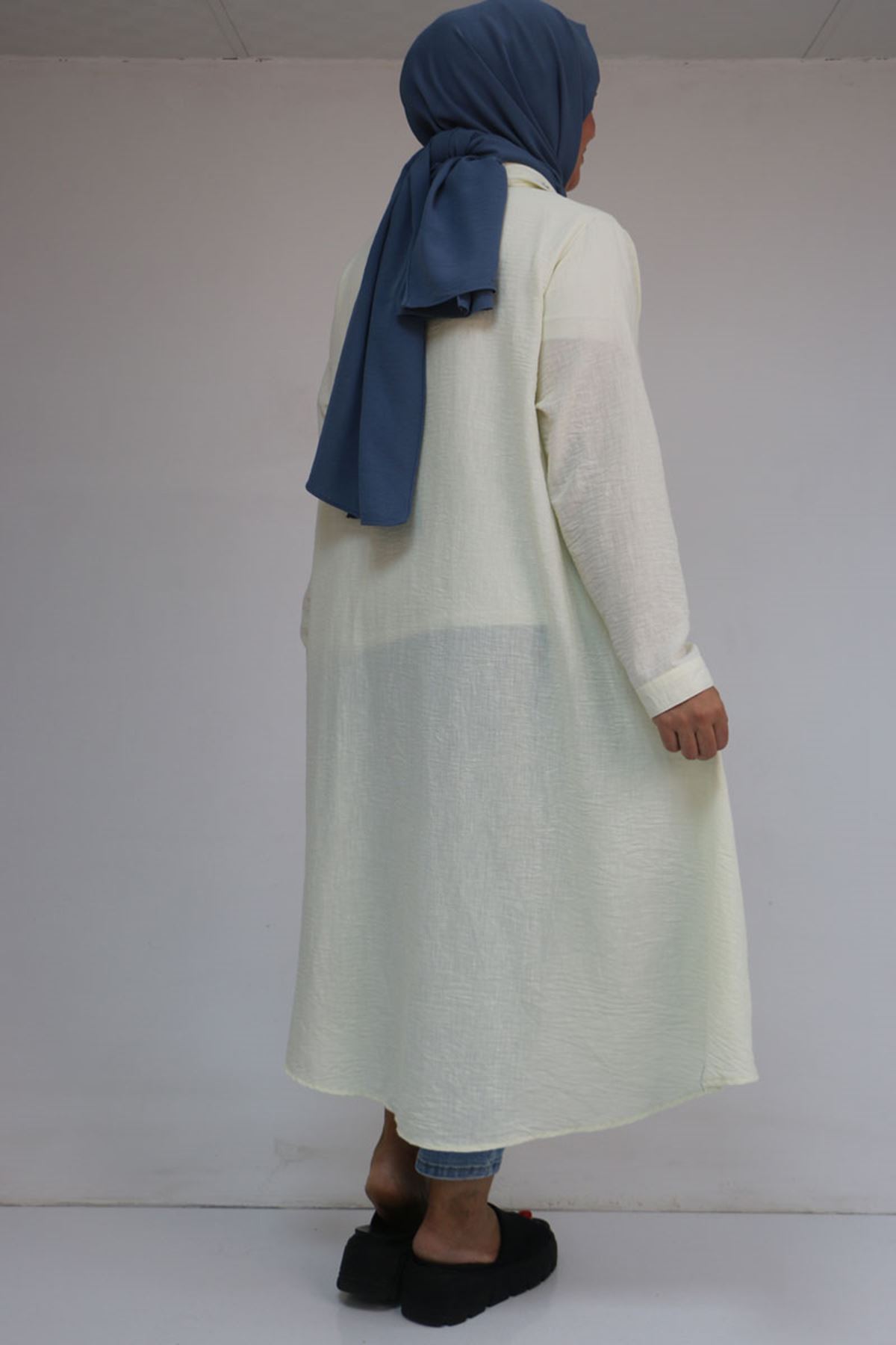 58102 Büyük Beden Taş Baskı Detaylı Keten Mevlana Tunik - Ekru