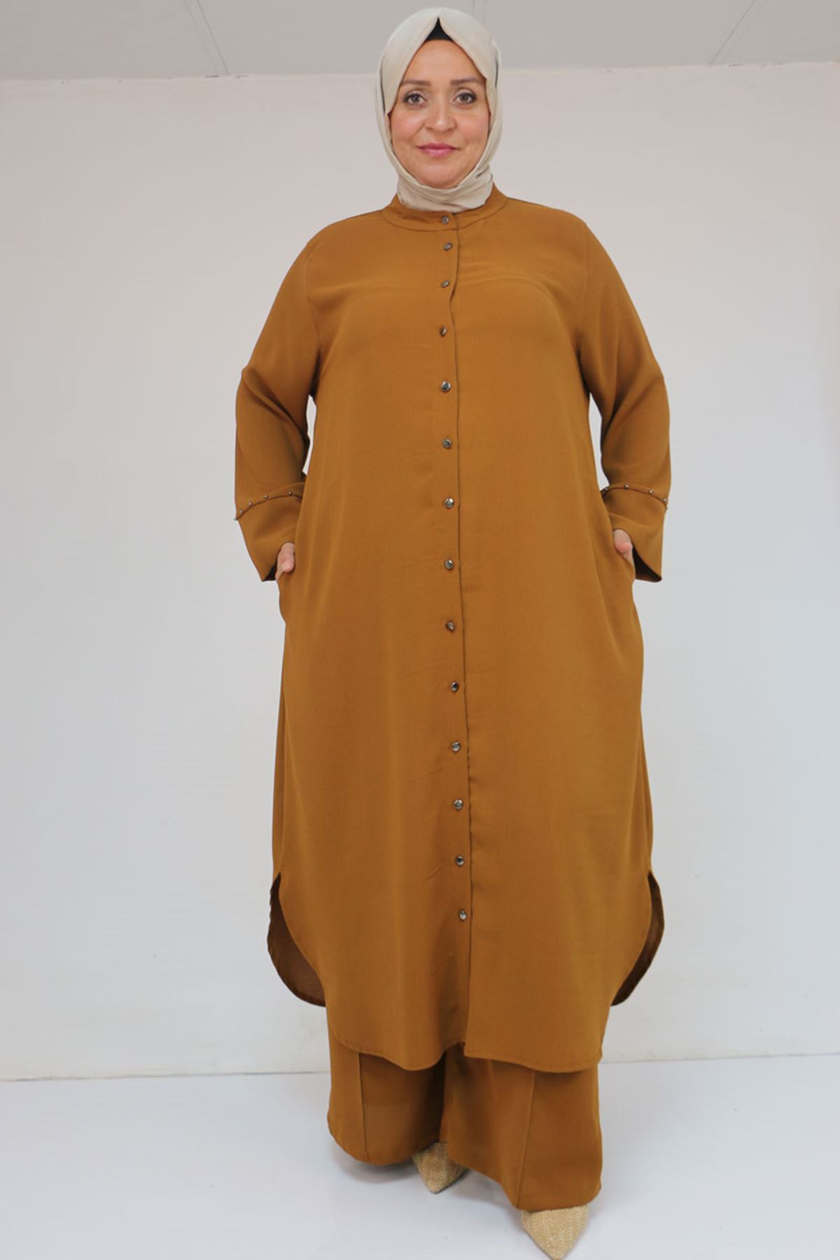 57053 Büyük Beden Eteği Oval Pantolonlu Krep Takım - Taba