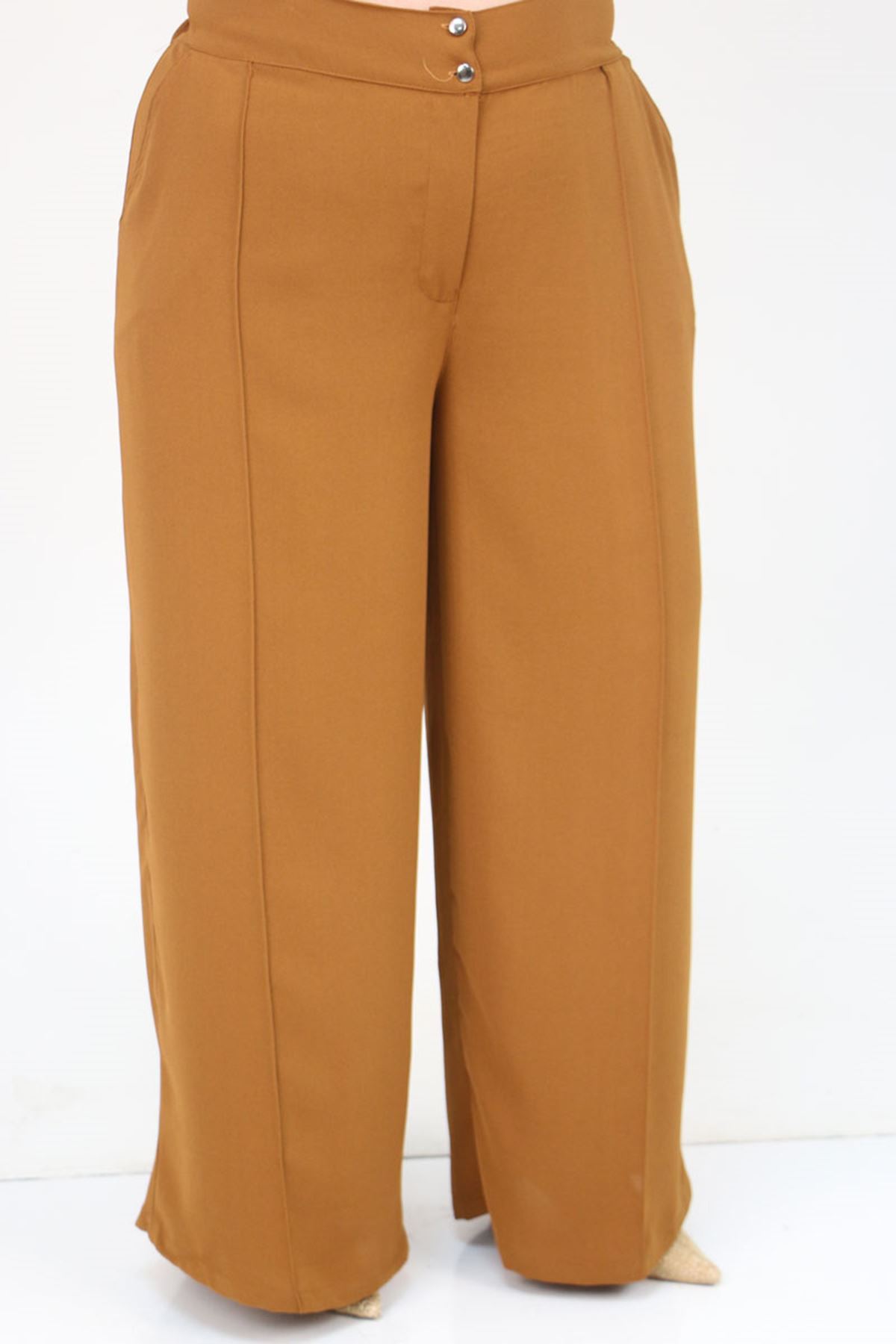 57053 Büyük Beden Eteği Oval Pantolonlu Krep Takım - Taba