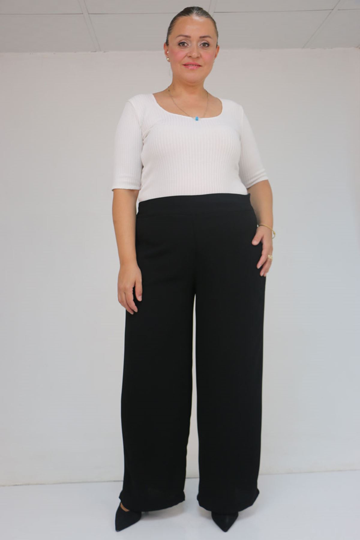 59011 Büyük Beden Pervaz Kemerli Yandan Fermuarlı Krep Pantolon - Siyah