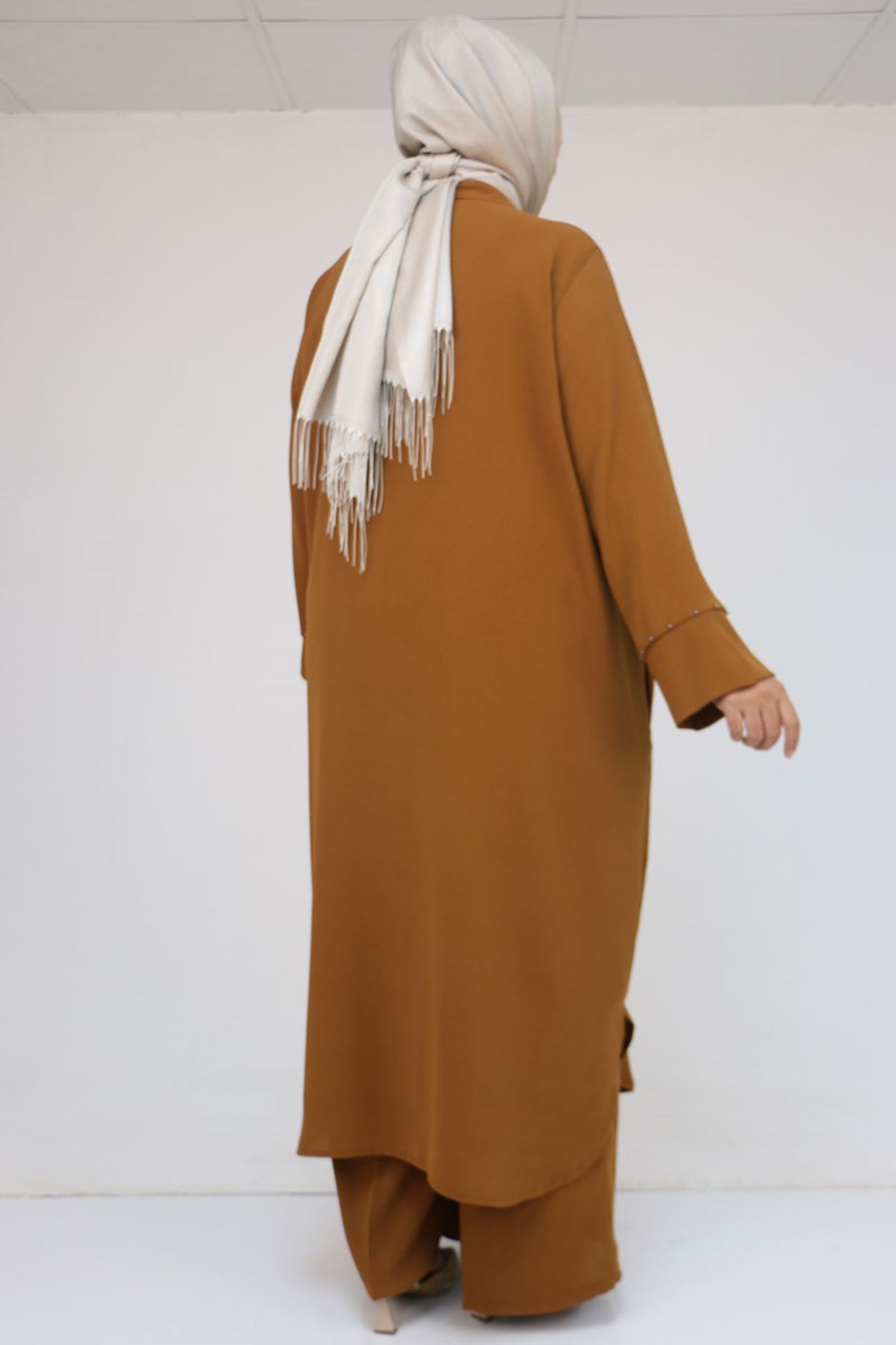 57053 Büyük Beden Eteği Oval Pantolonlu Krep Takım - Taba