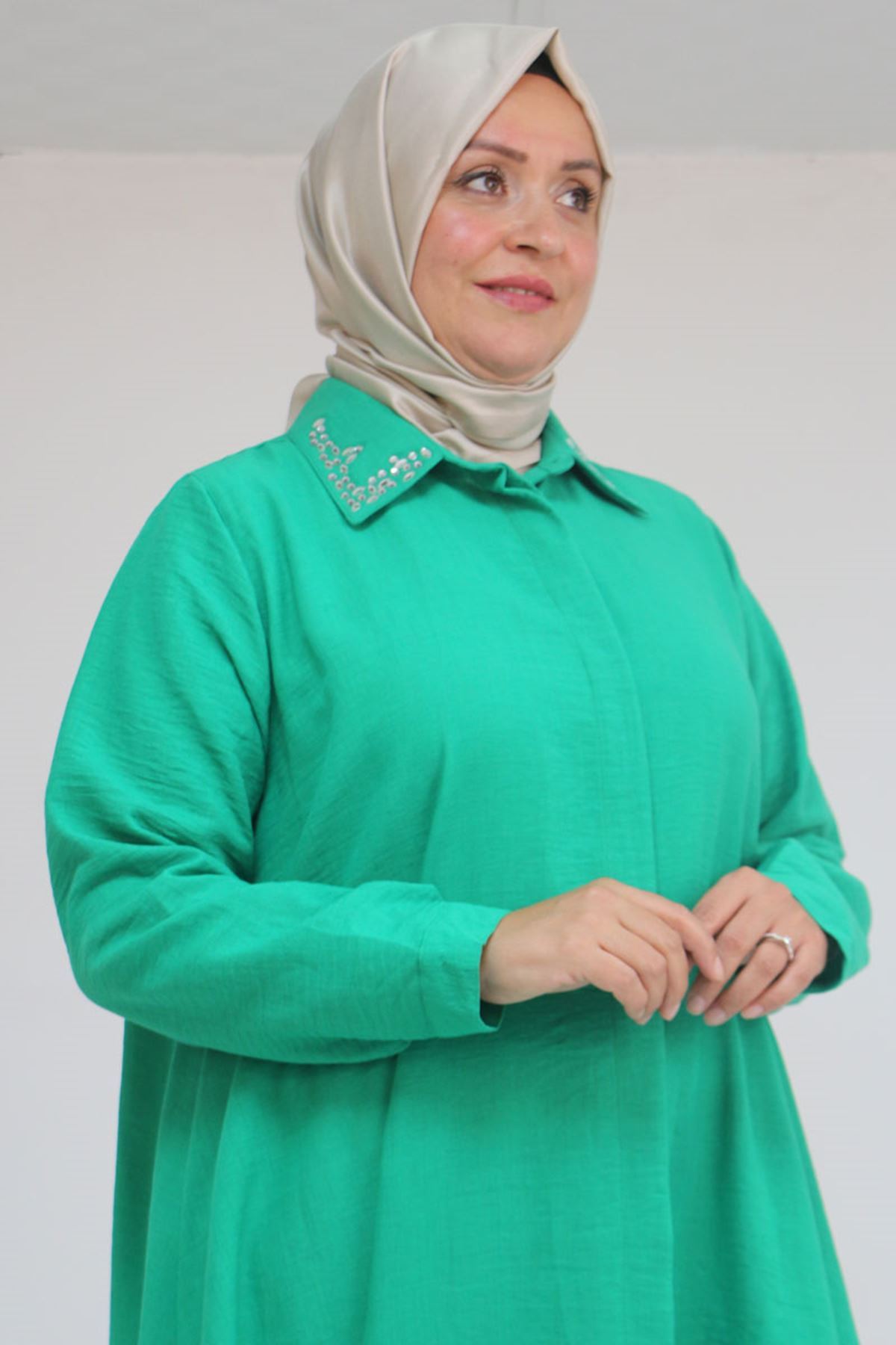 58102 Büyük Beden Taş Baskı Detaylı Keten Mevlana Tunik - Beneton