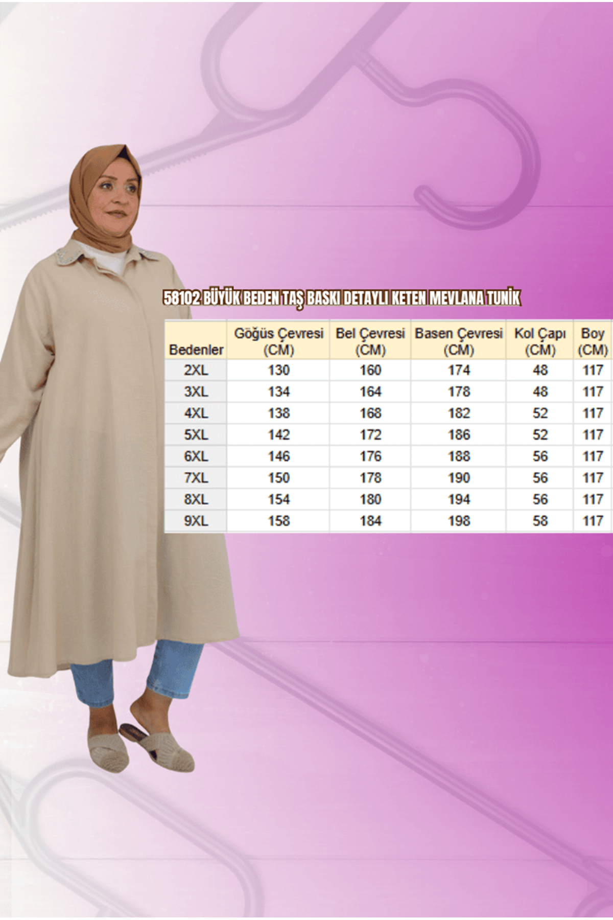 58102 Büyük Beden Taş Baskı Detaylı Keten Mevlana Tunik - Beneton