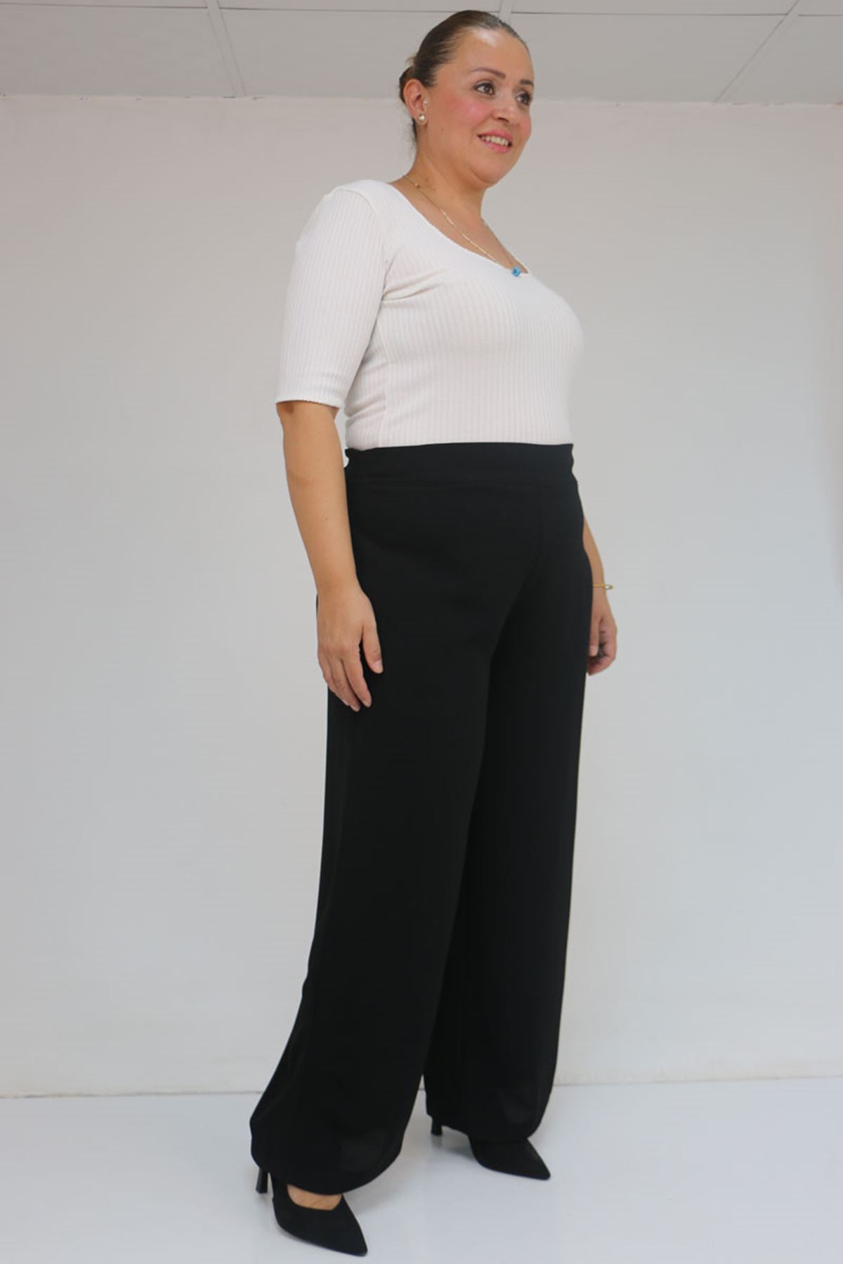 59011 Büyük Beden Pervaz Kemerli Yandan Fermuarlı Krep Pantolon - Siyah