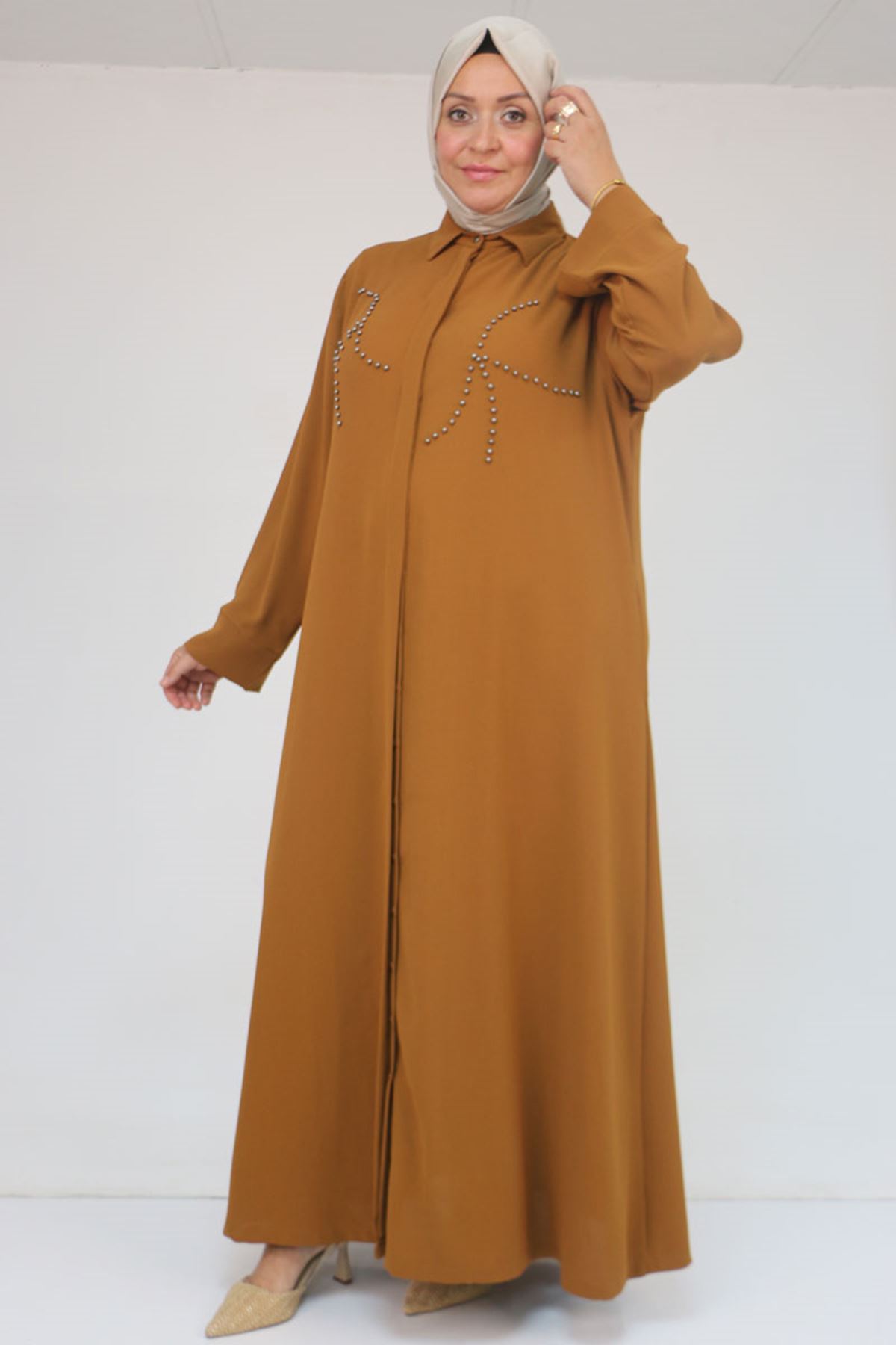 56017 Büyük Beden Taş İşleme Detaylı Krep Ferace - Hardal