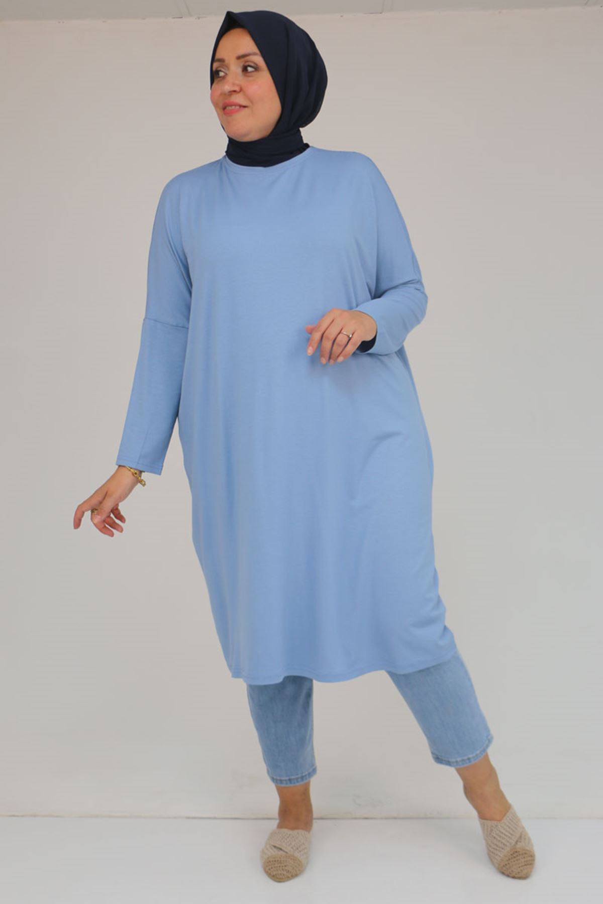 28092 Büyük Beden Düşük Kol Penye Tunik - Buz Mavi