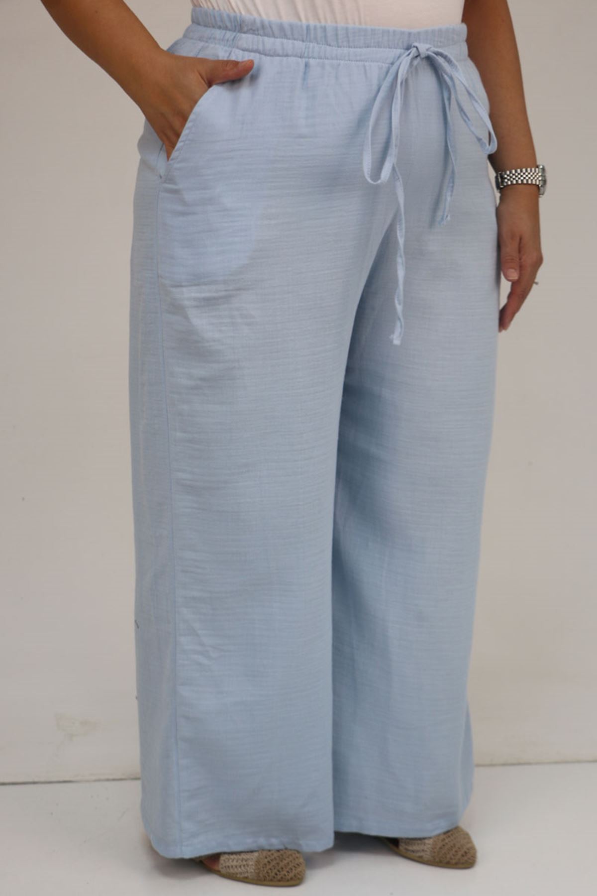 59021 Büyük Beden Beli Lastikli Müslin Bol Paça Pantolon - Açık Mavi