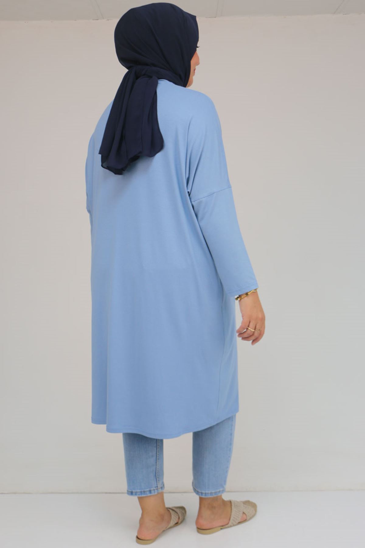 28092 Büyük Beden Düşük Kol Penye Tunik - Buz Mavi