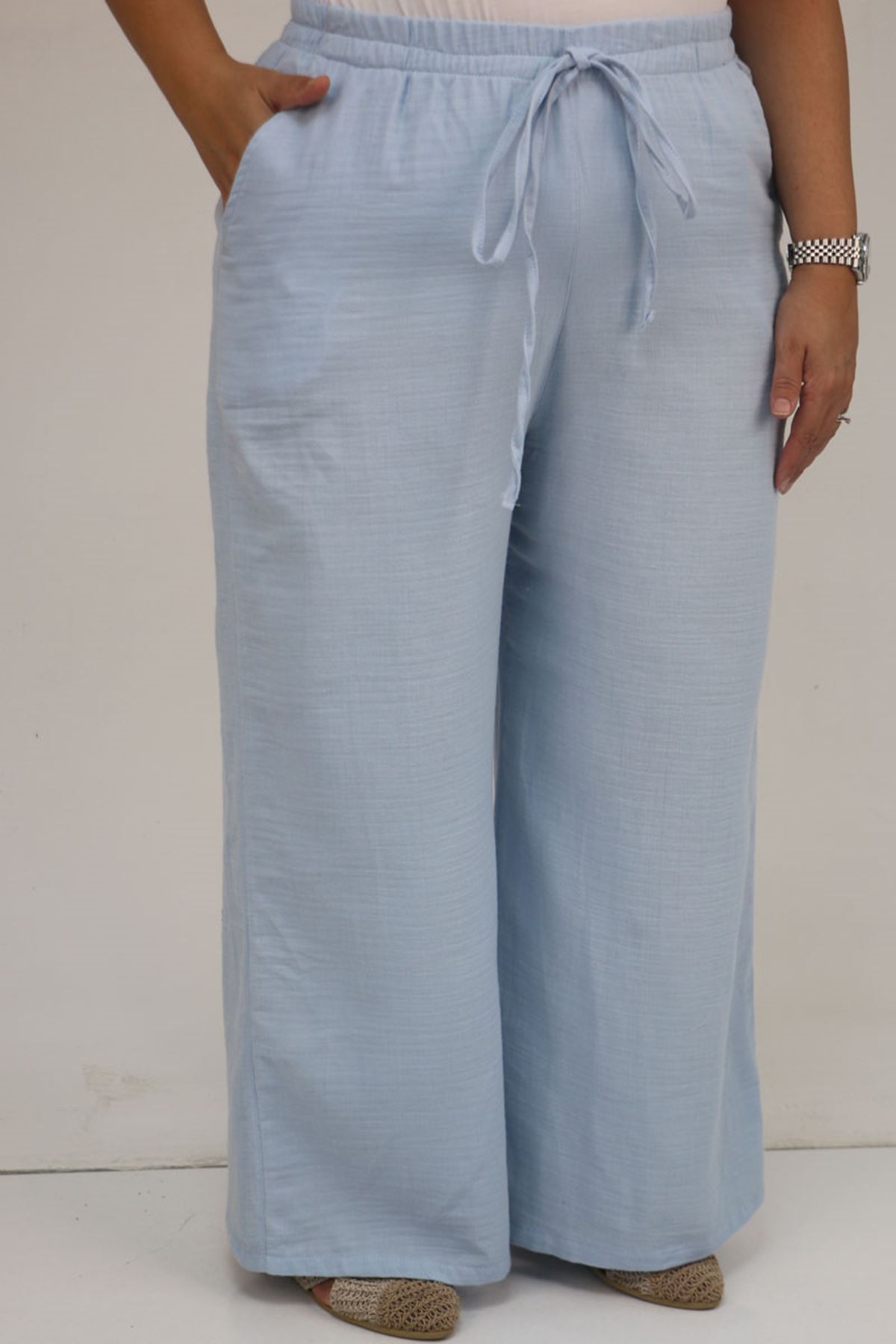 59021 Büyük Beden Beli Lastikli Müslin Bol Paça Pantolon - Açık Mavi