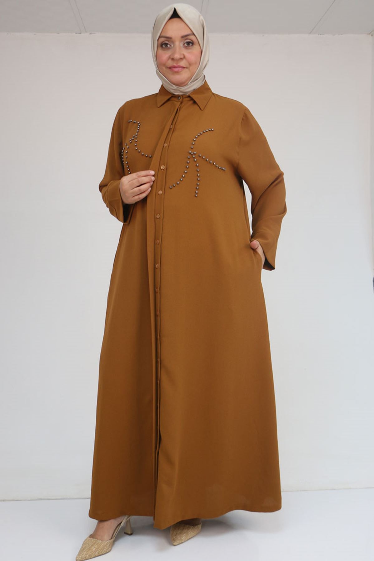 56017 Büyük Beden Taş İşleme Detaylı Krep Ferace - Hardal