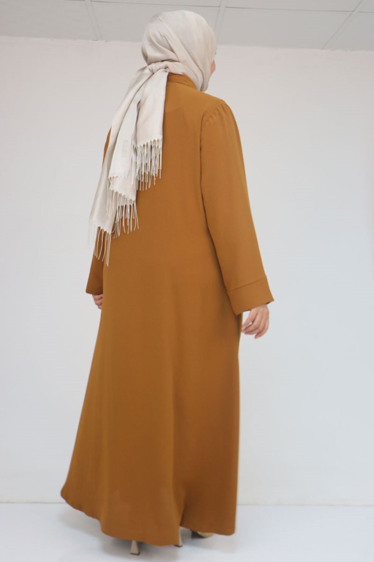 56017 Büyük Beden Taş İşleme Detaylı Krep Ferace - Hardal