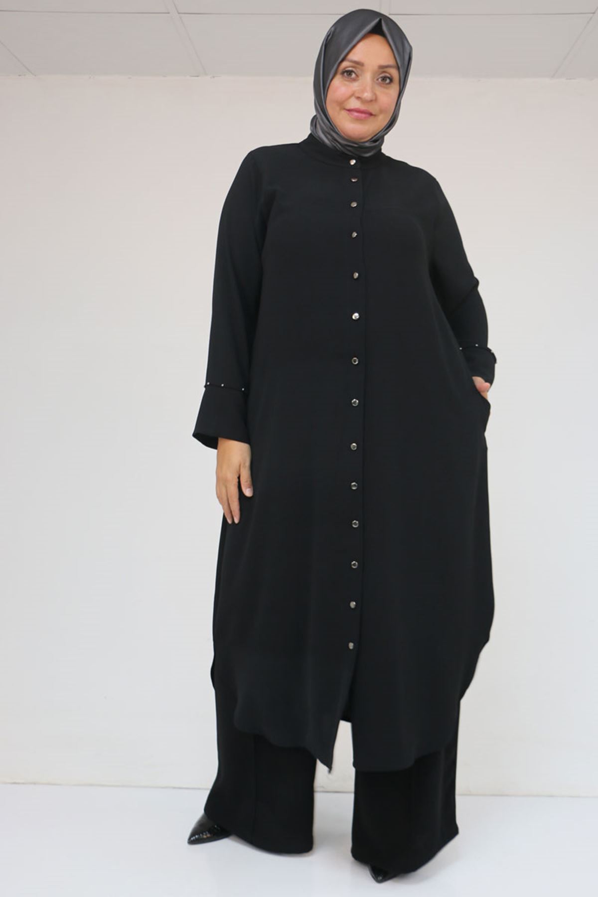 57053 Büyük Beden Eteği Oval Pantolonlu Krep Takım - Siyah
