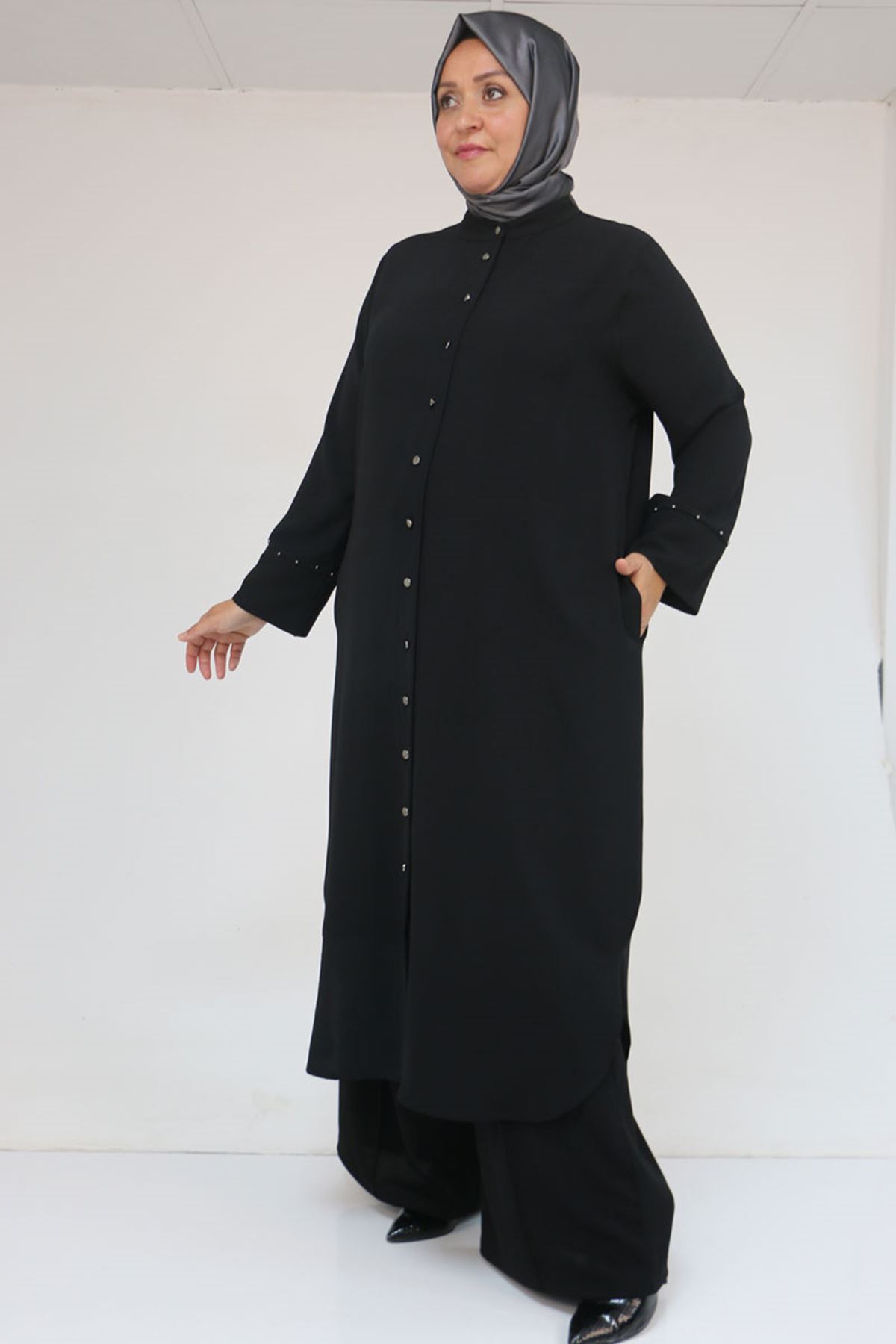 57053 Büyük Beden Eteği Oval Pantolonlu Krep Takım - Siyah