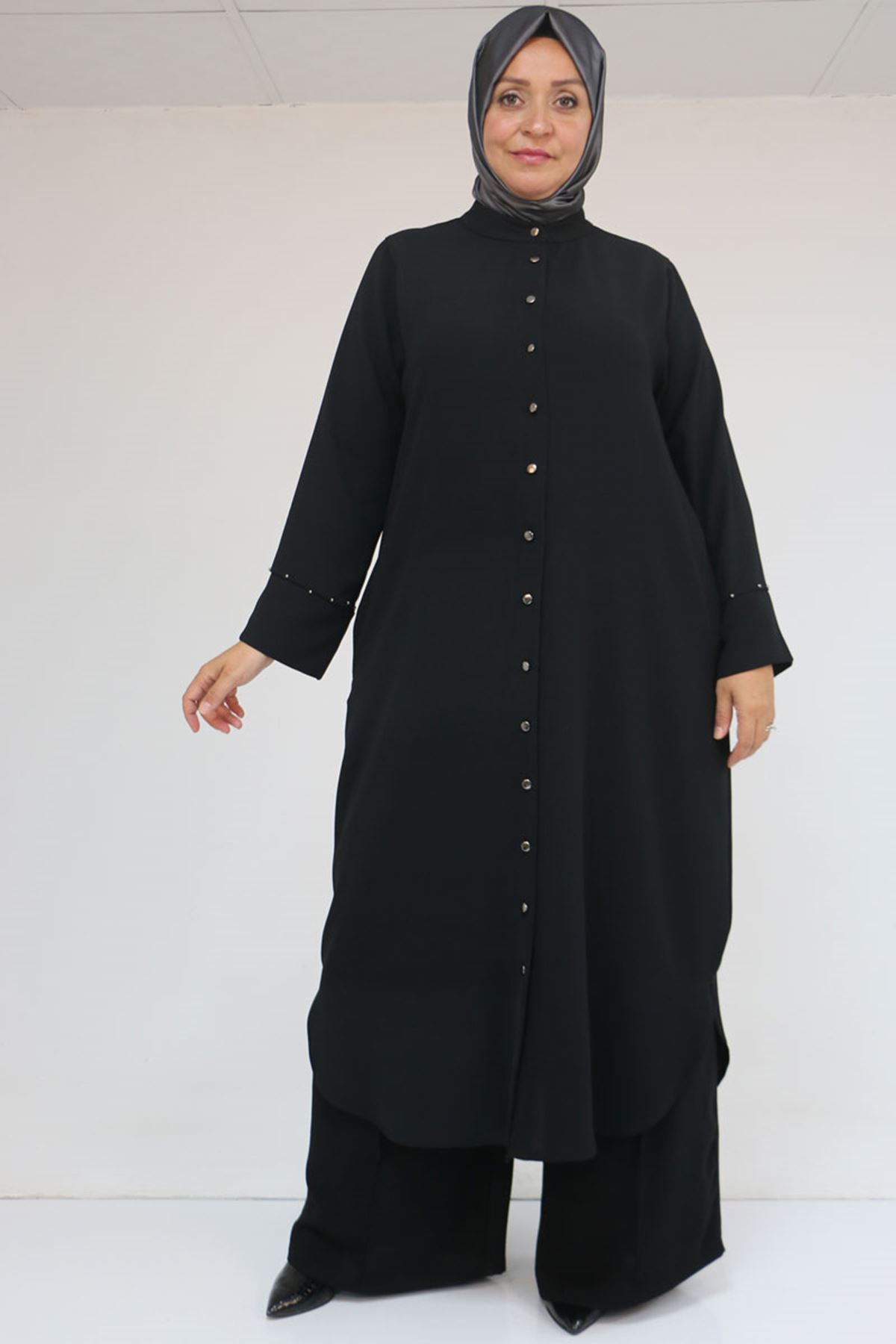 57053 Büyük Beden Eteği Oval Pantolonlu Krep Takım - Siyah