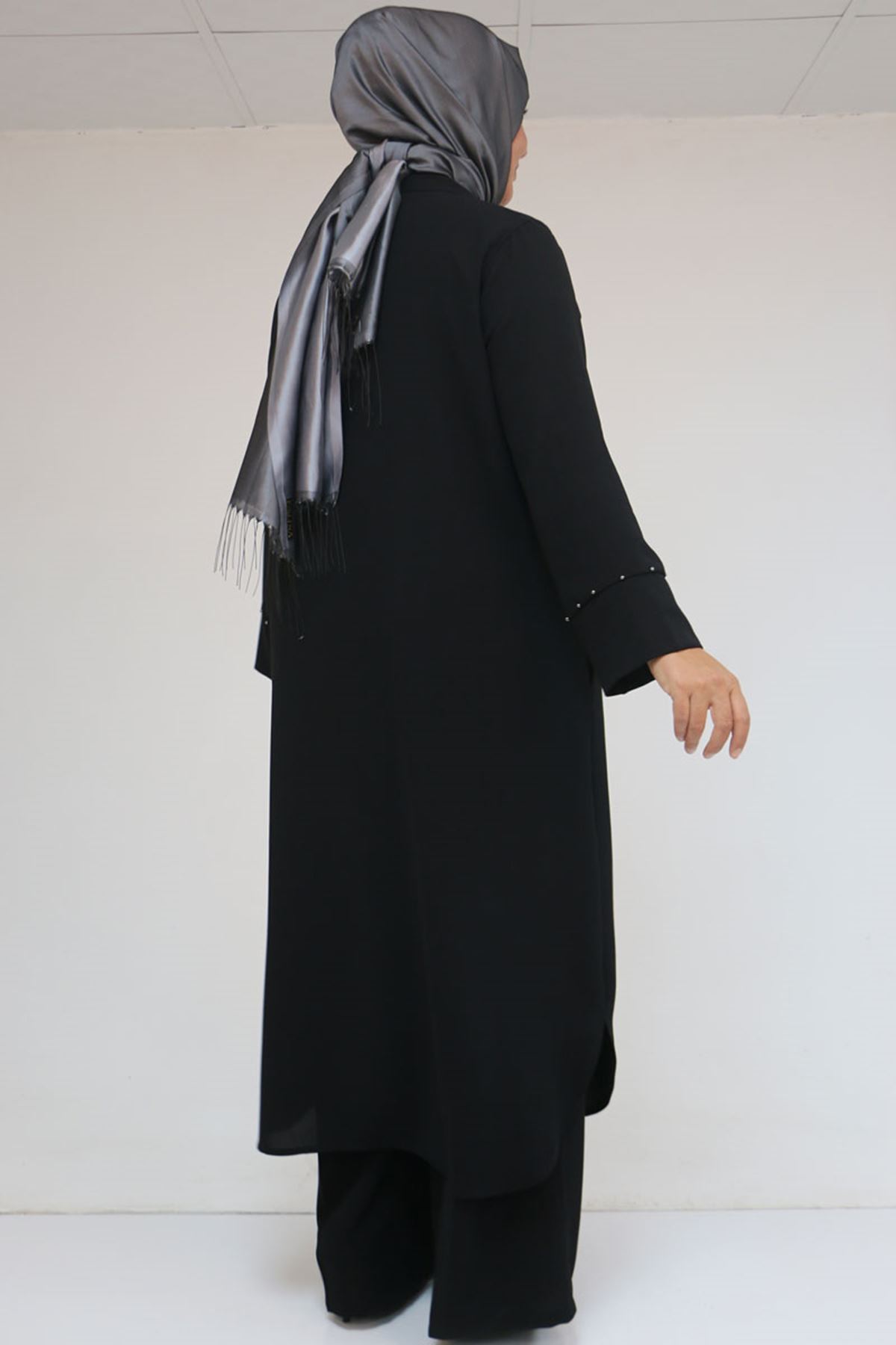 57053 Büyük Beden Eteği Oval Pantolonlu Krep Takım - Siyah