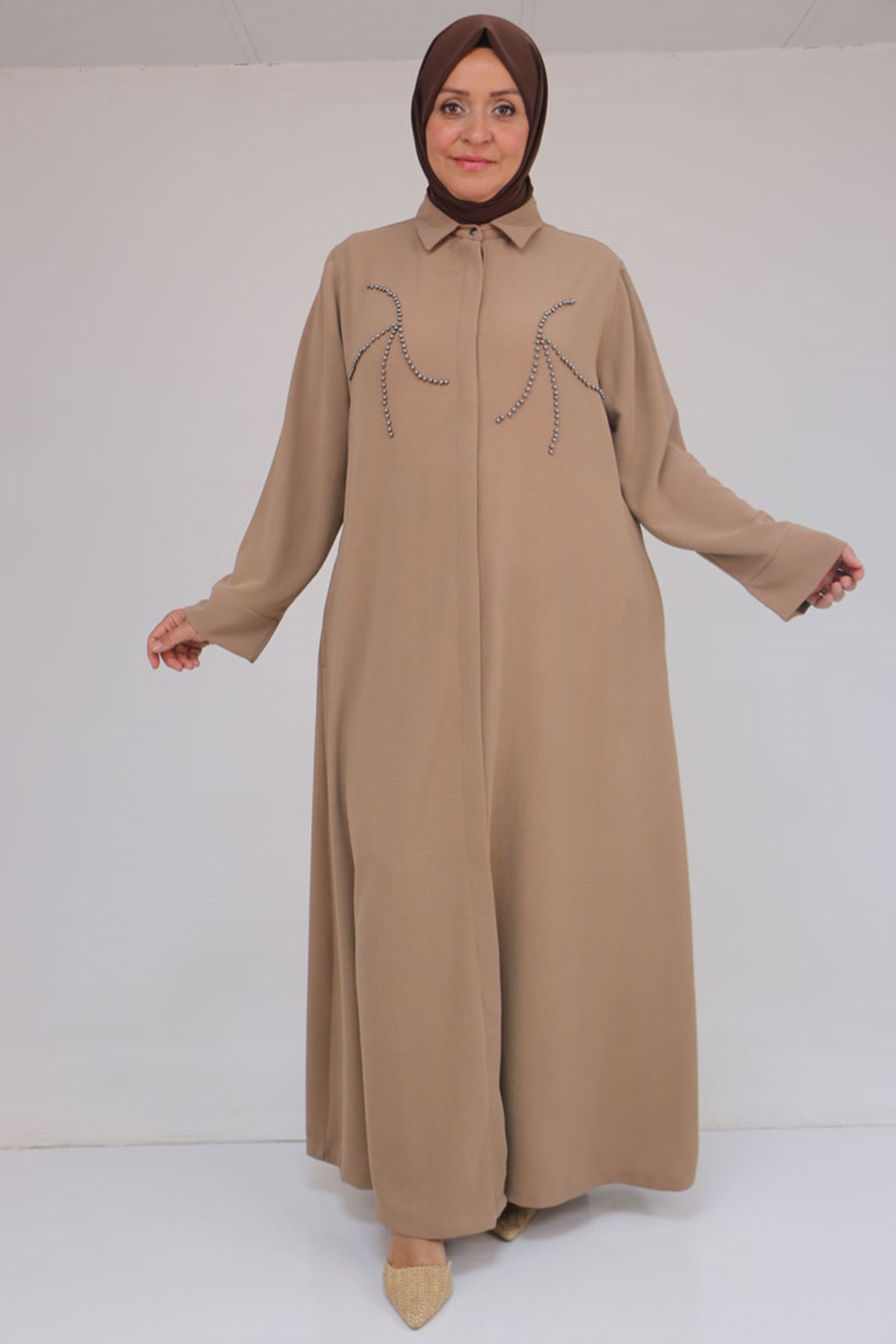 56017 Büyük Beden Taş İşleme Detaylı Krep Ferace - Vizon