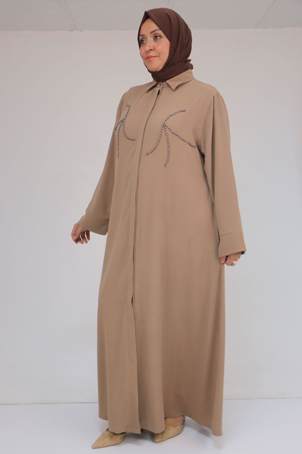 56017 Büyük Beden Taş İşleme Detaylı Krep Ferace - Vizon