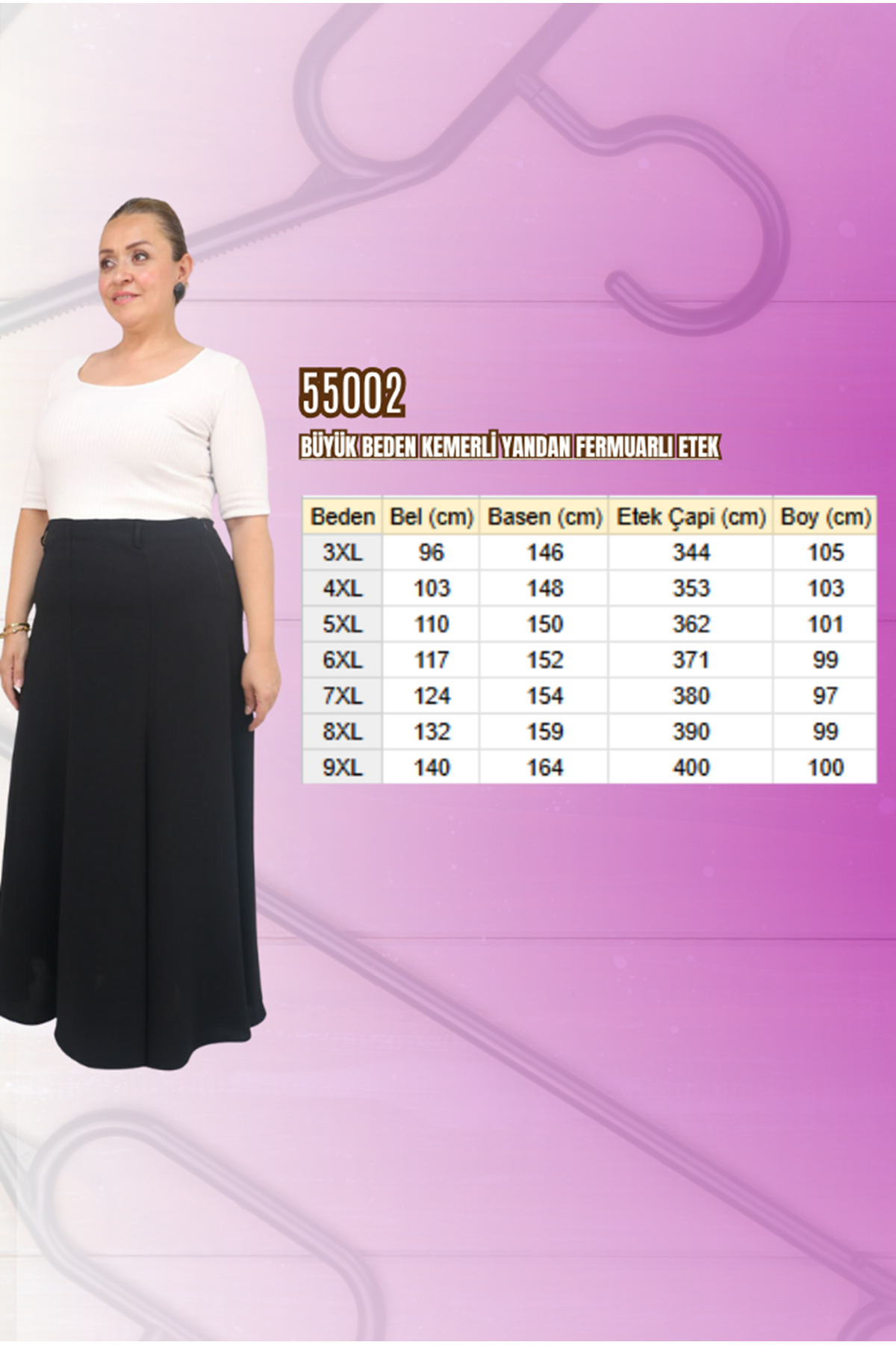 55002 Büyük Beden Kemerli Yandan Fermuarlı Etek - İndigo