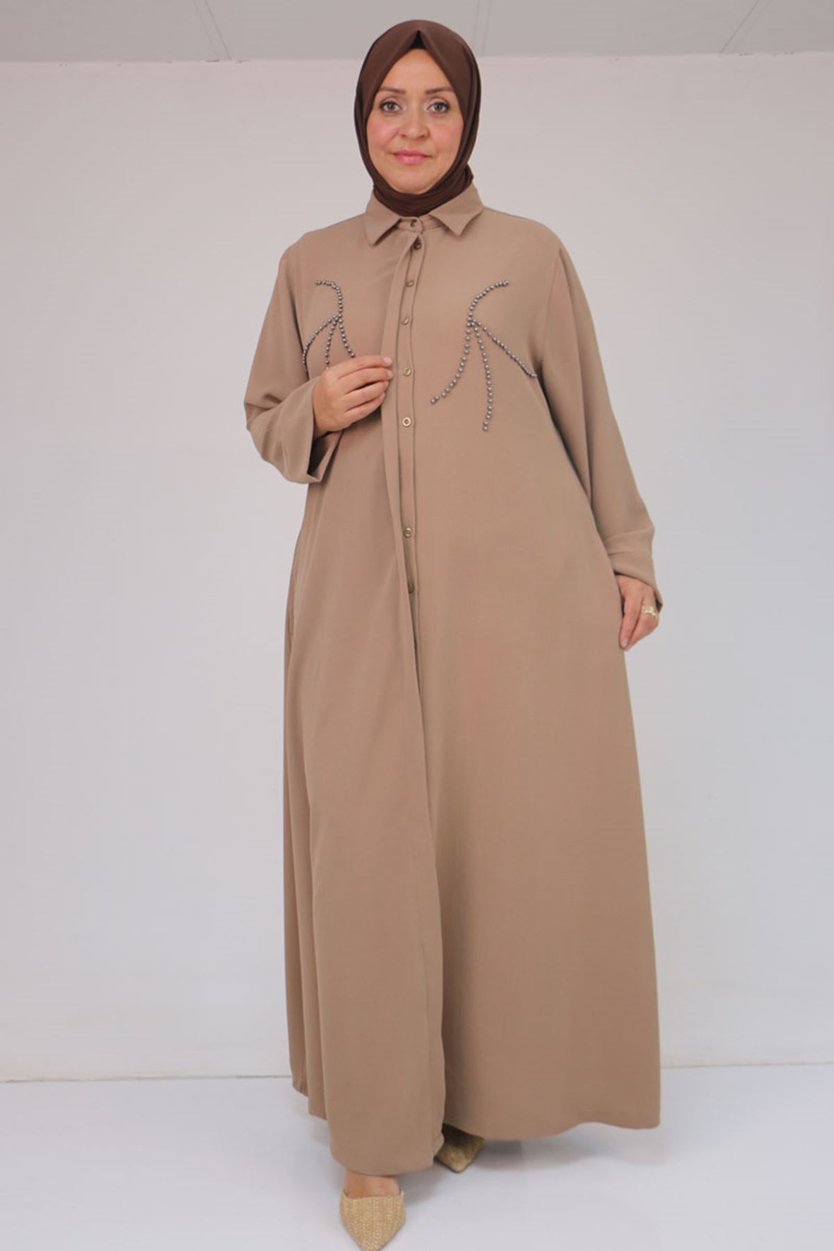 56017 Büyük Beden Taş İşleme Detaylı Krep Ferace - Vizon