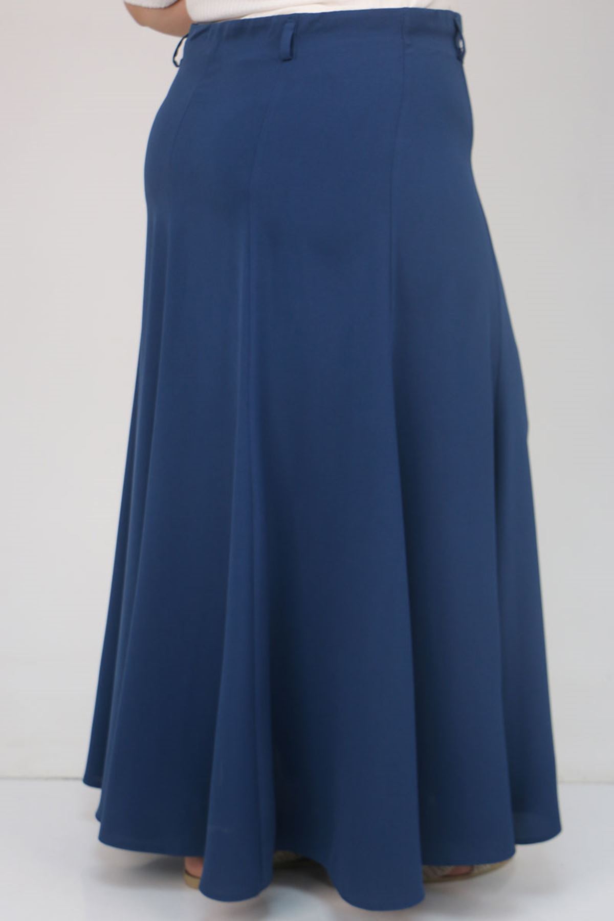 55002 Büyük Beden Kemerli Yandan Fermuarlı Etek - İndigo