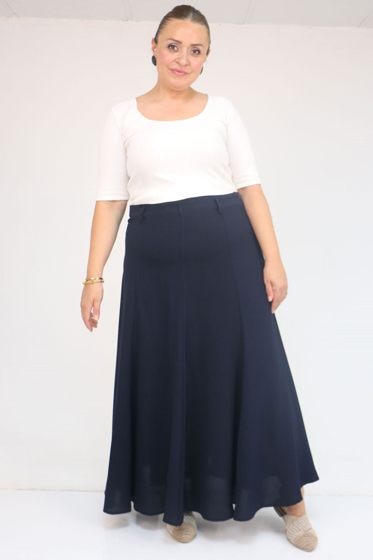 55002 Büyük Beden Kemerli Yandan Fermuarlı Etek - Lacivert