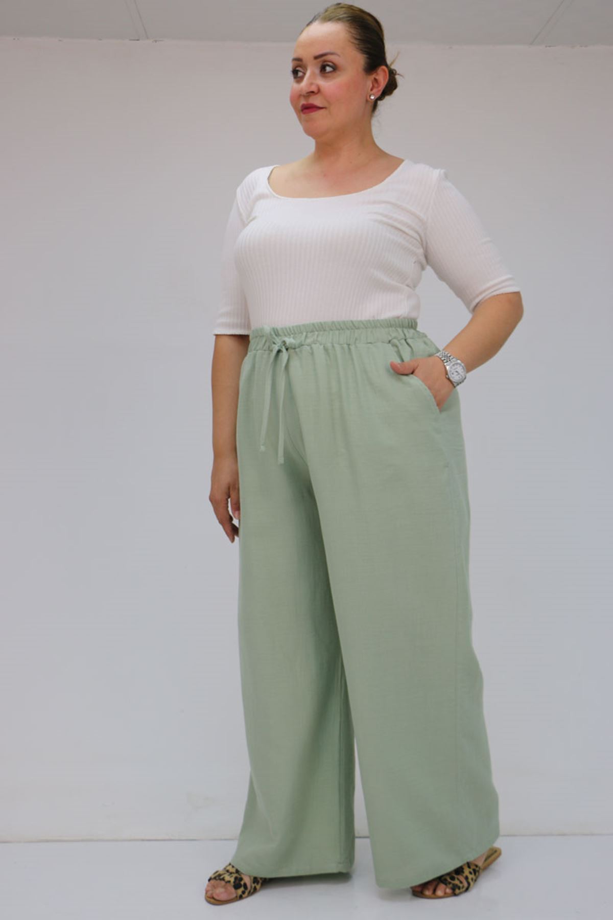 59021 Büyük Beden Beli Lastikli Müslin Bol Paça Pantolon - Nefti