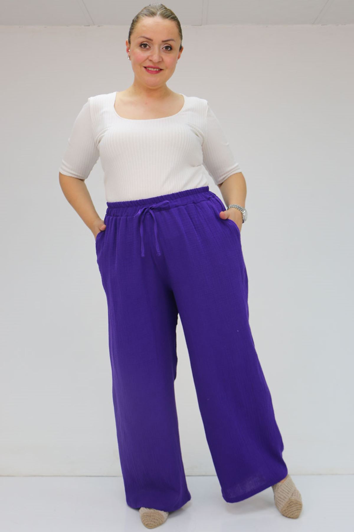 59021 Büyük Beden Beli Lastikli Müslin Bol Paça Pantolon - Mor