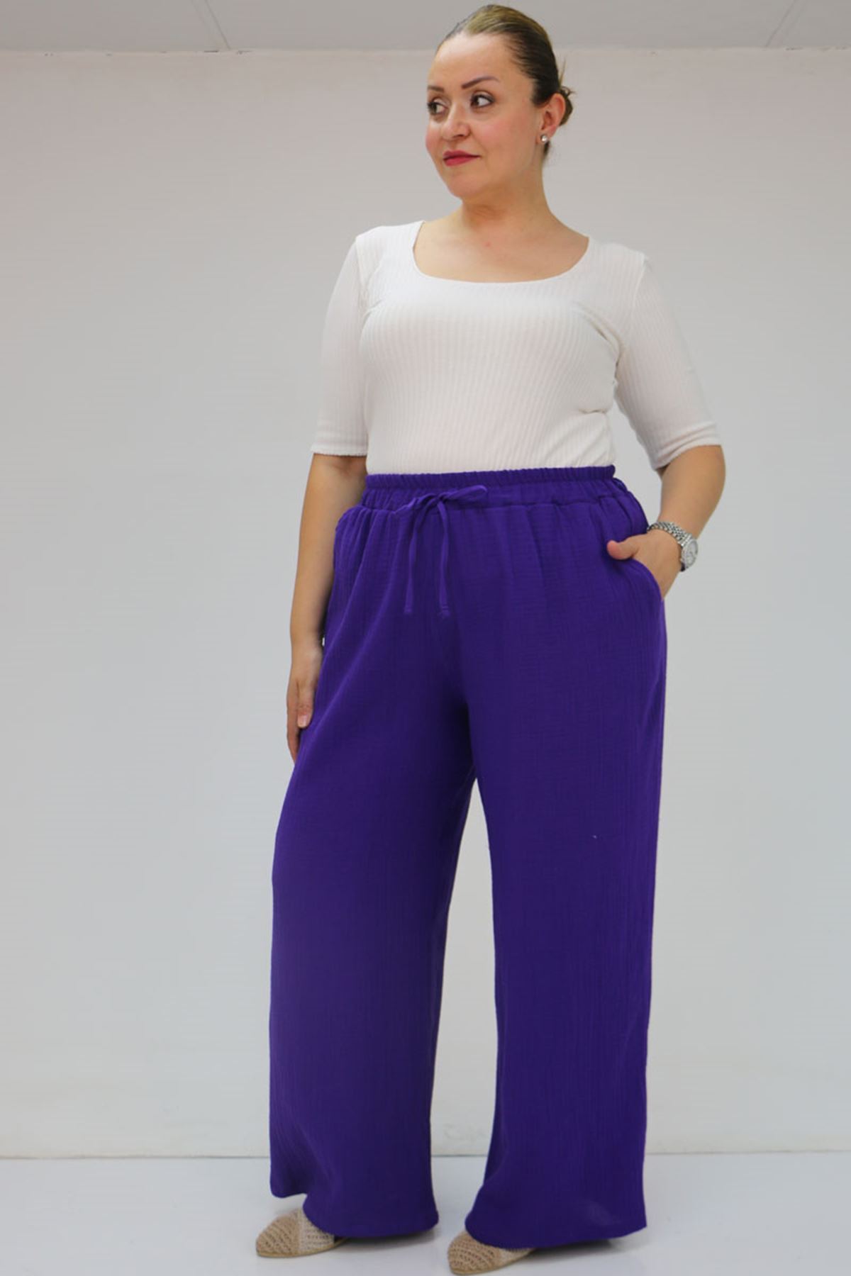 59021 Büyük Beden Beli Lastikli Müslin Bol Paça Pantolon - Mor