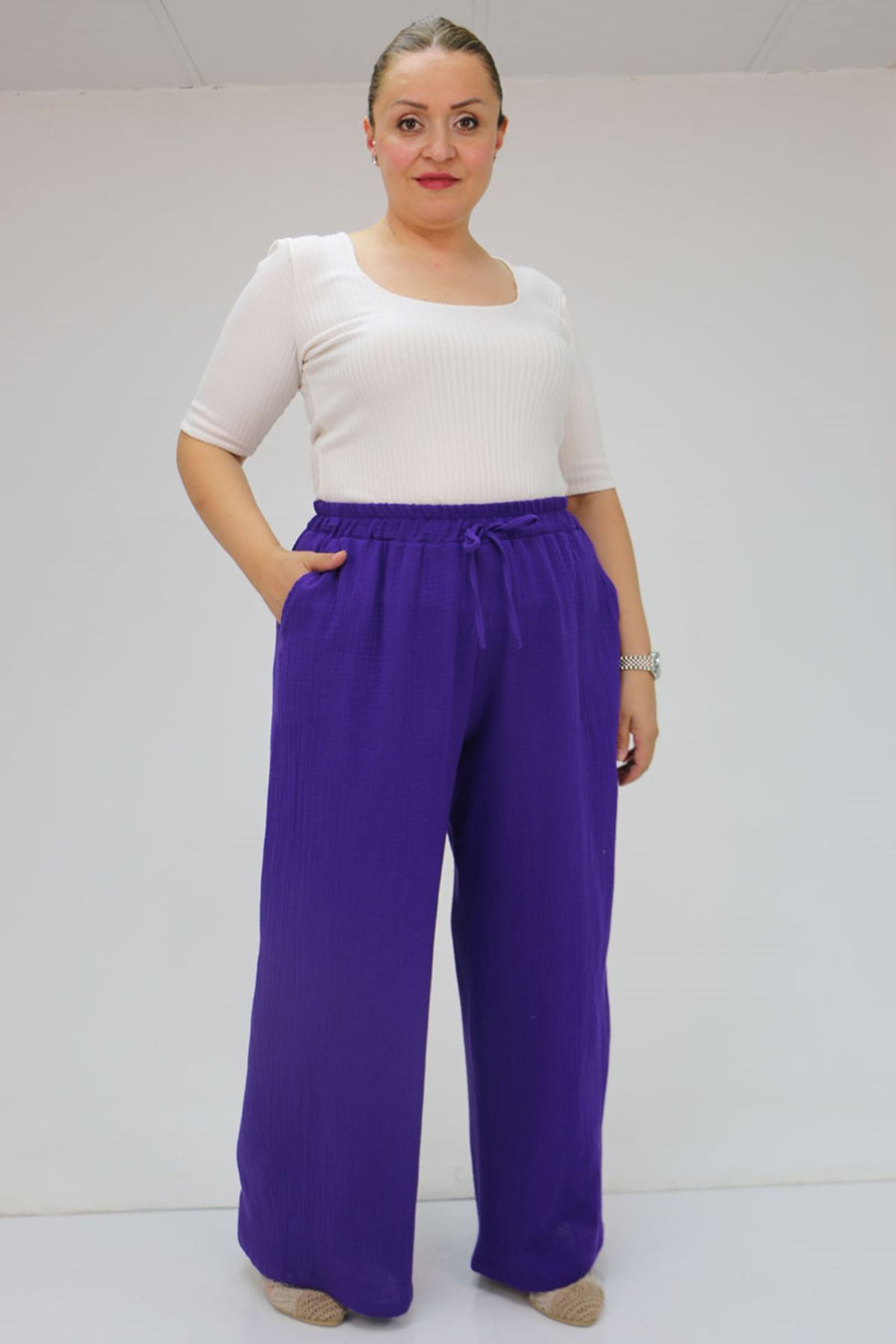 59021 Büyük Beden Beli Lastikli Müslin Bol Paça Pantolon - Mor