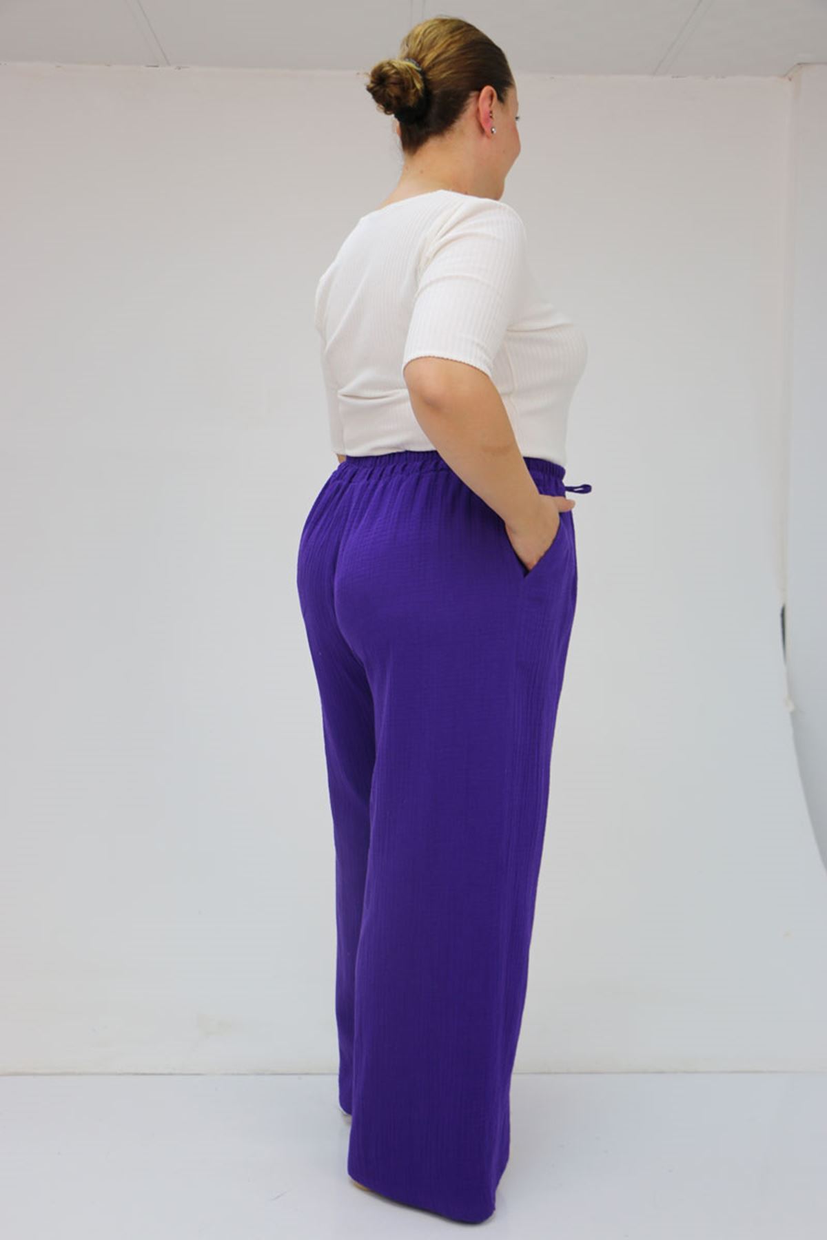 59021 Büyük Beden Beli Lastikli Müslin Bol Paça Pantolon - Mor