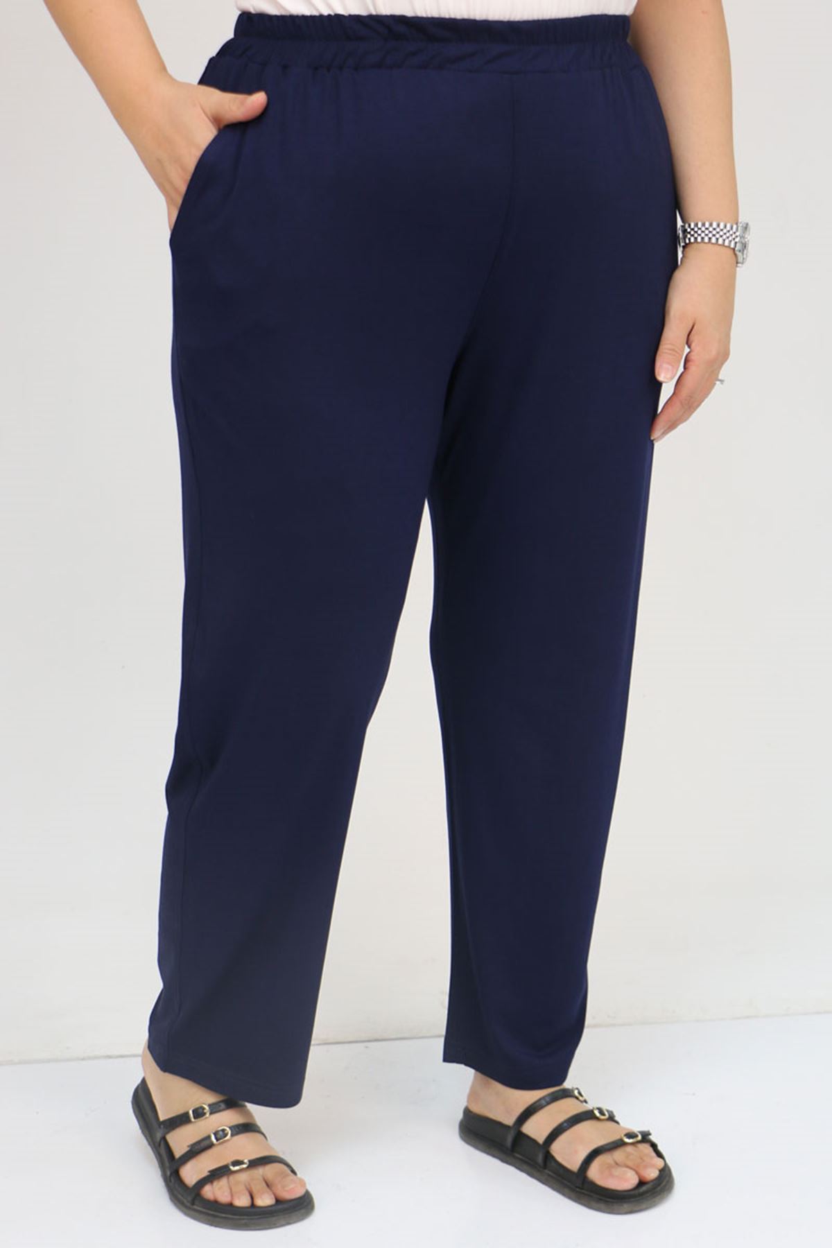 39001 Büyük Beden Yüksek Beli Lastikli Penye Pantolon - Koyu Lacivert